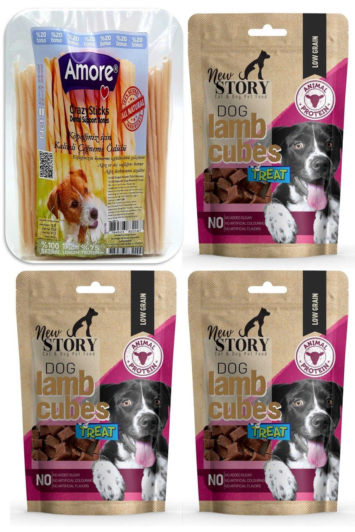 New Story Crazy-sticks 72li Burgu çubukları, 3x80gr Cubes Kuzu Etli Küp şekilli Yumuşacık Köpek ödülü