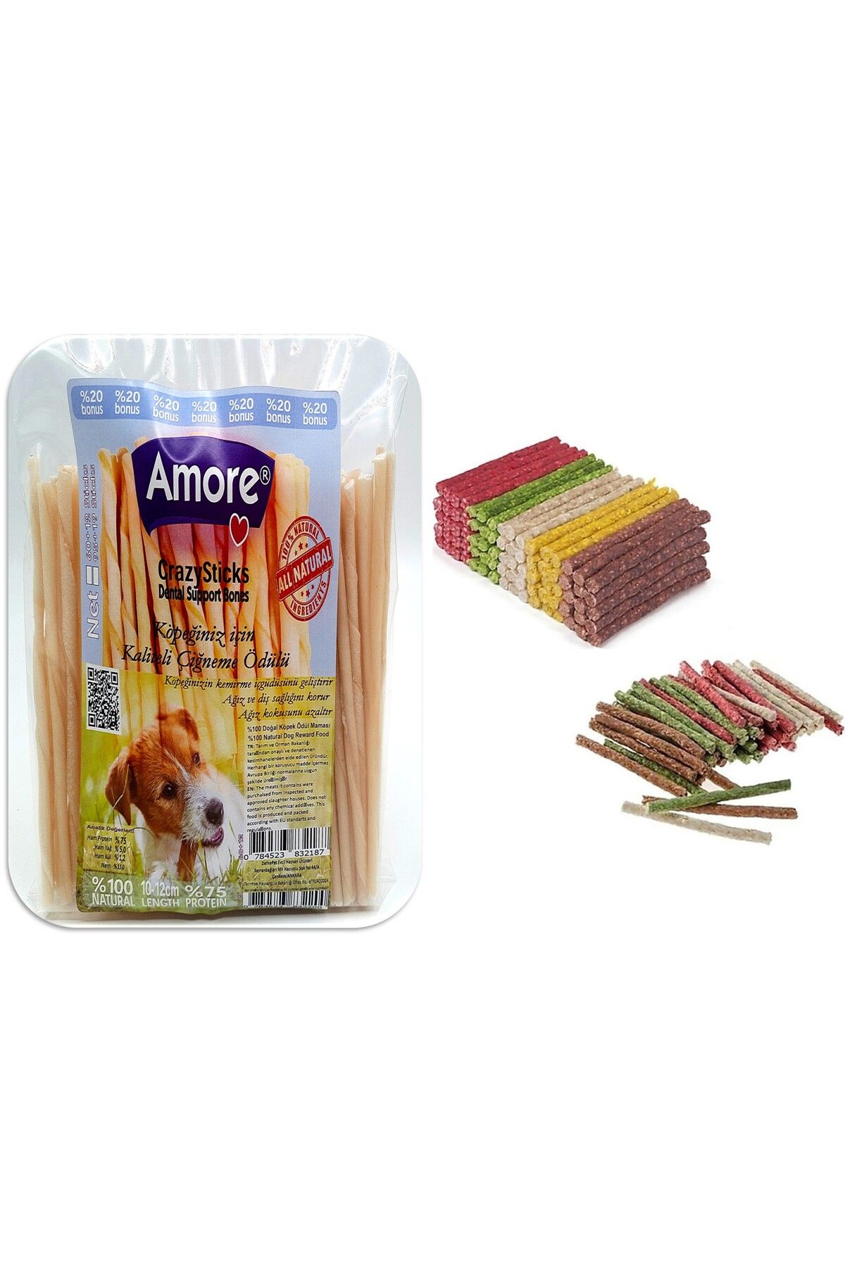 Amoredog Crazy-sticks 72li Burgu çubukları, 50li Munch Renkli Köpek ödül çubukları
