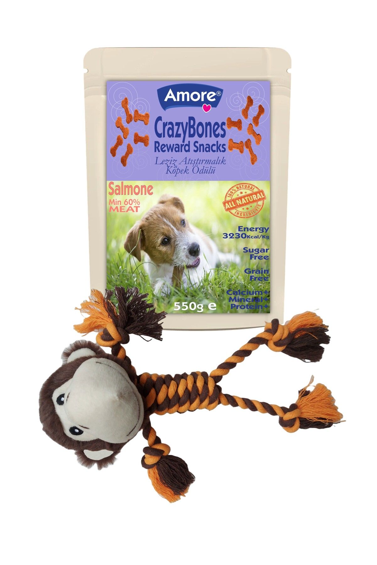 Amoredog Crazybones 550gr Somonlu Atistirmalik Yumusacik Kopek Odulu, Pelus Oyuncak Maymuncuk 30cm