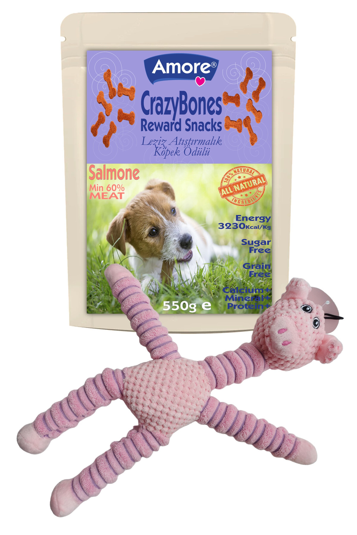 Amoredog Crazybones 550gr Yumusacik Kopek Odulu Somonlu, Domuzcuk Pelus Oyuncak 36cm