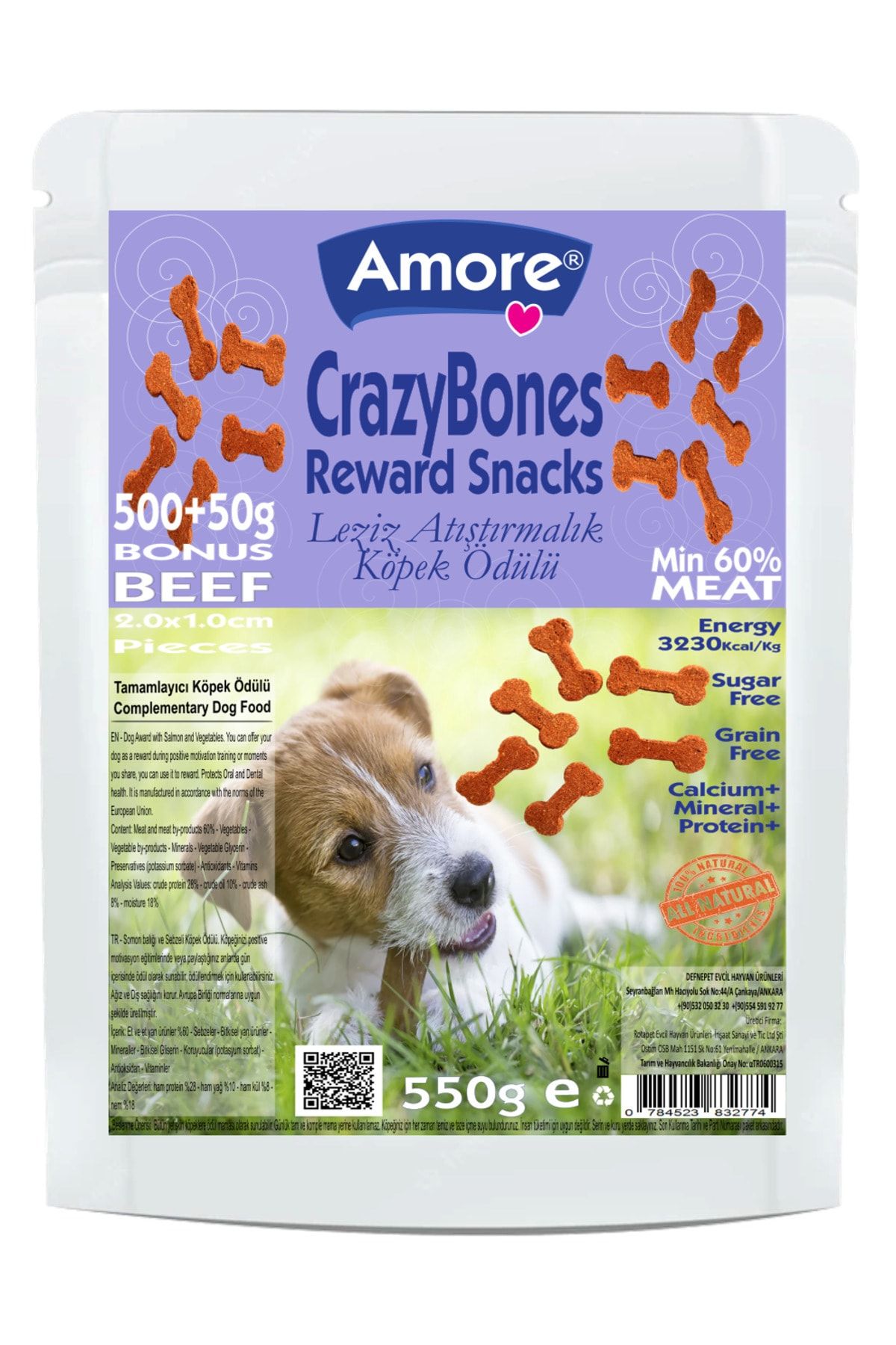 Amore CrazyBones Sigir Etli Atistirmalik Yumusak Kopek Odul Kemikleri 550 gr Beef