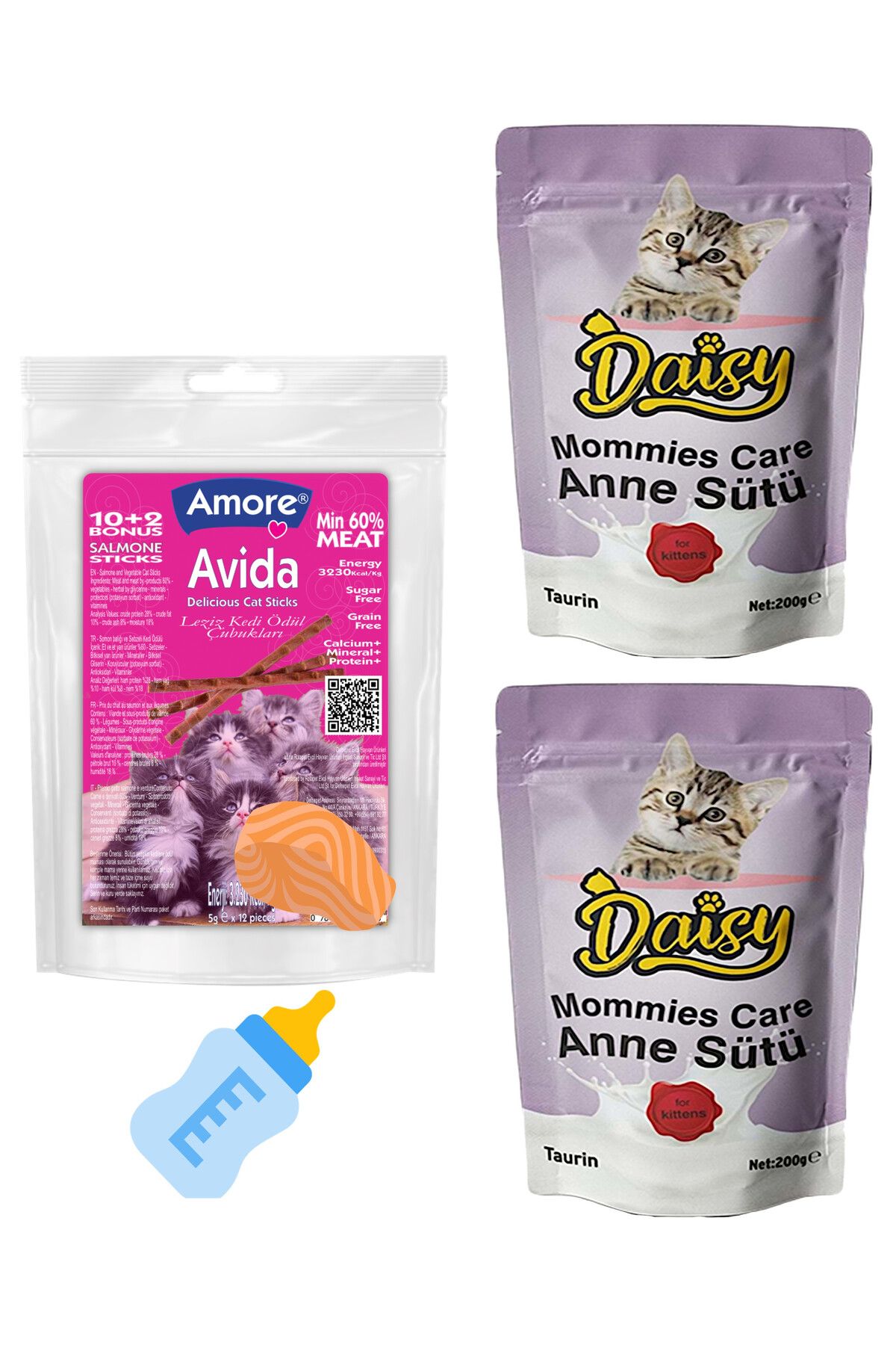 Daisy Mommies Care Anne Kedi Sutu 2 x 200 gr, Biberon, Avida 12li Balik Sticks Odul