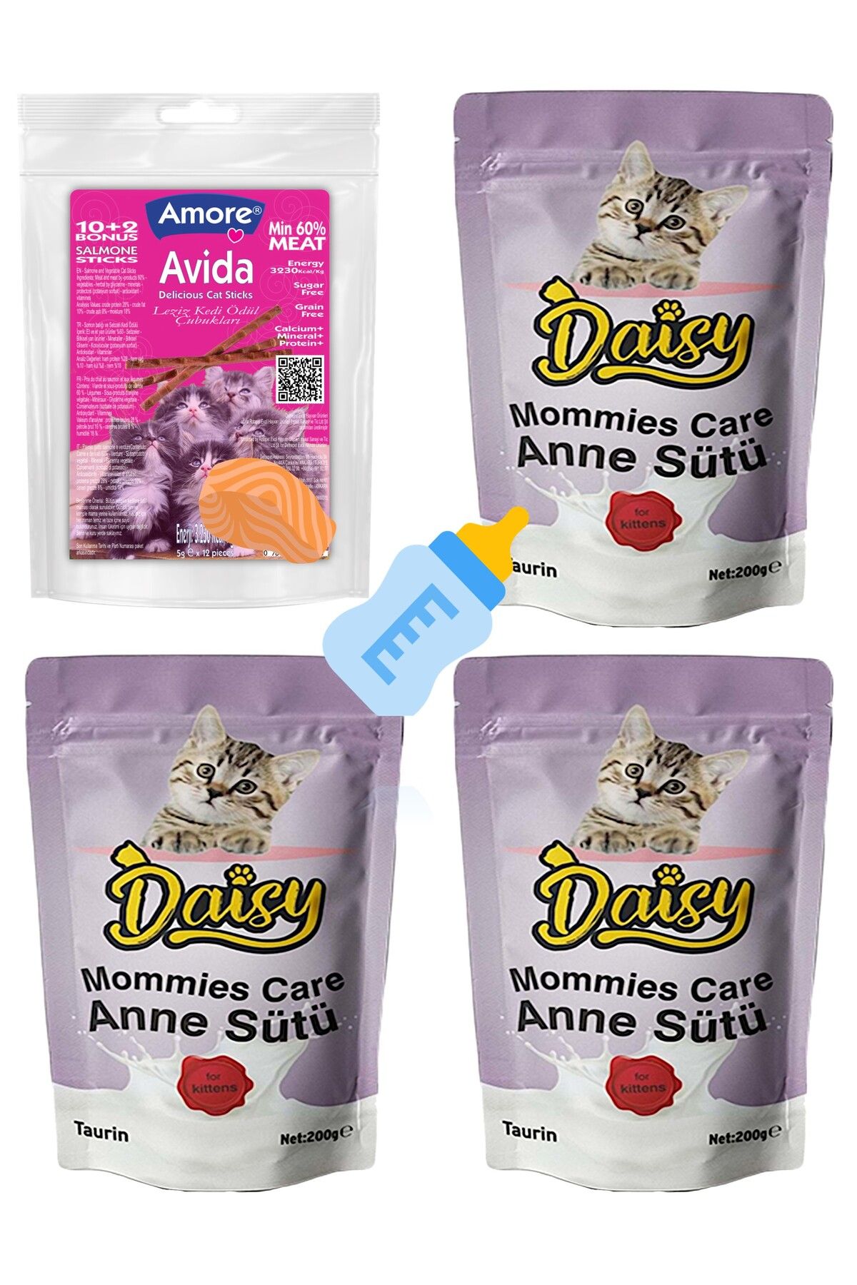 Daisy Mommies Care Anne Kedi Sutu Tozu 3 x 200 gr, Biberon, Avida 12li Balik Sticks Odul