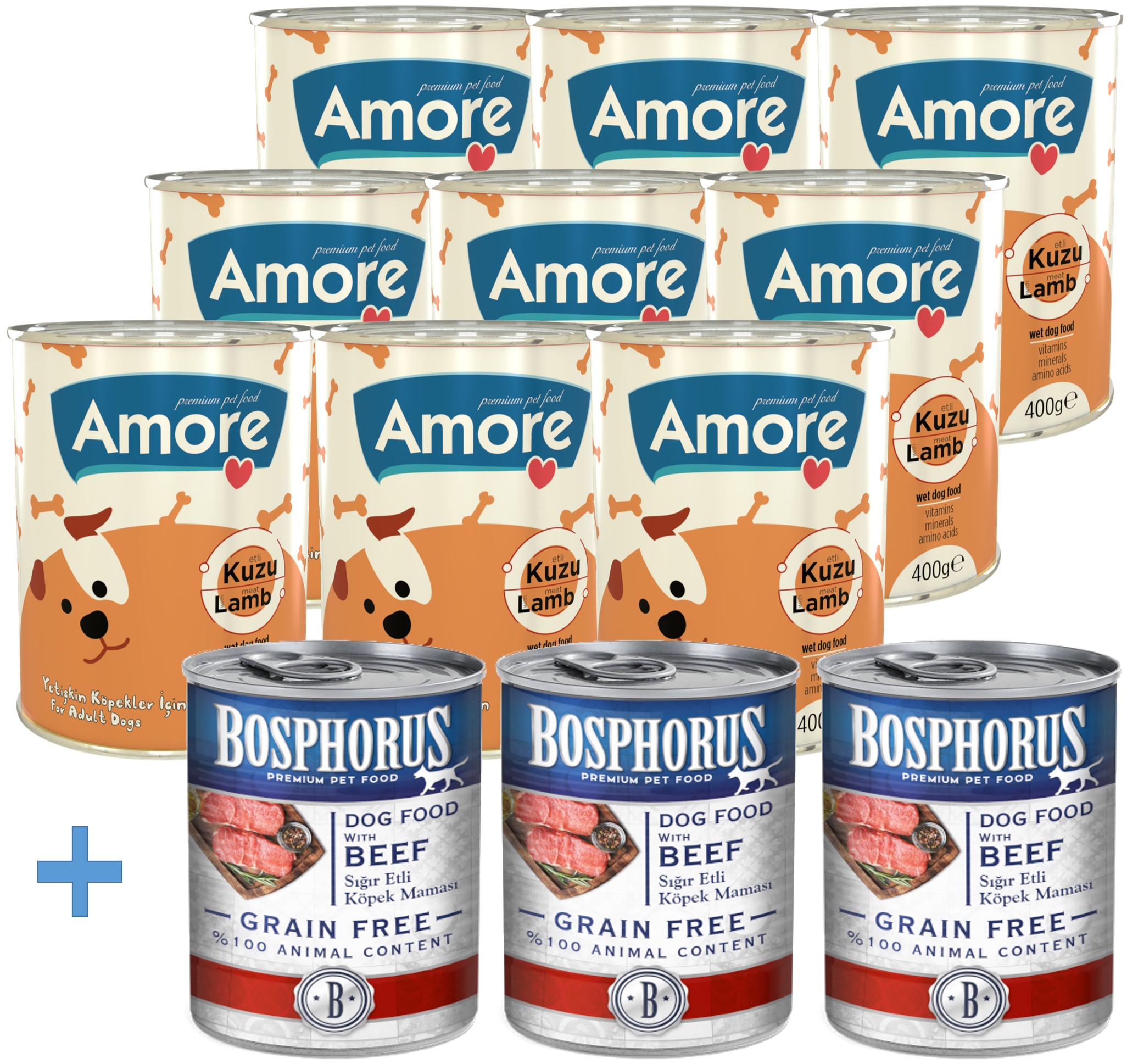 Amore Dog Chunks Kuzu Etli x 9 ve 3 x Bosphorus Beef Sığır Etli Köpek Konservesi