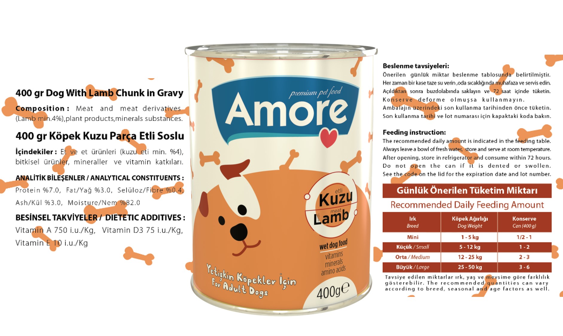 Amore Dog Chunks Kuzu Parça Etli 15x400gr + Bosphorus DogBeef Sığır Etli Konserve 3x415gr