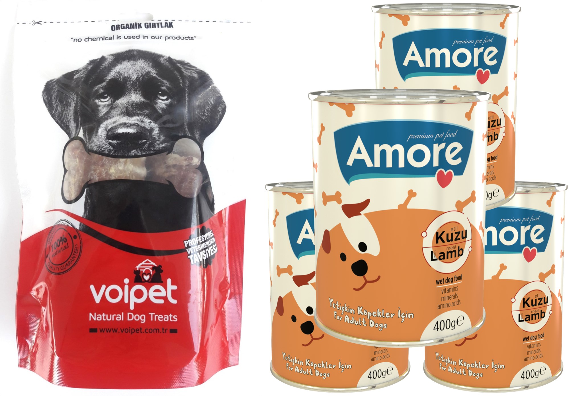 Amore Dog Lamb Kuzu Parça Etli Konserve Mama 4x400gr ve Organik Gırtlak Köpek Ödülü