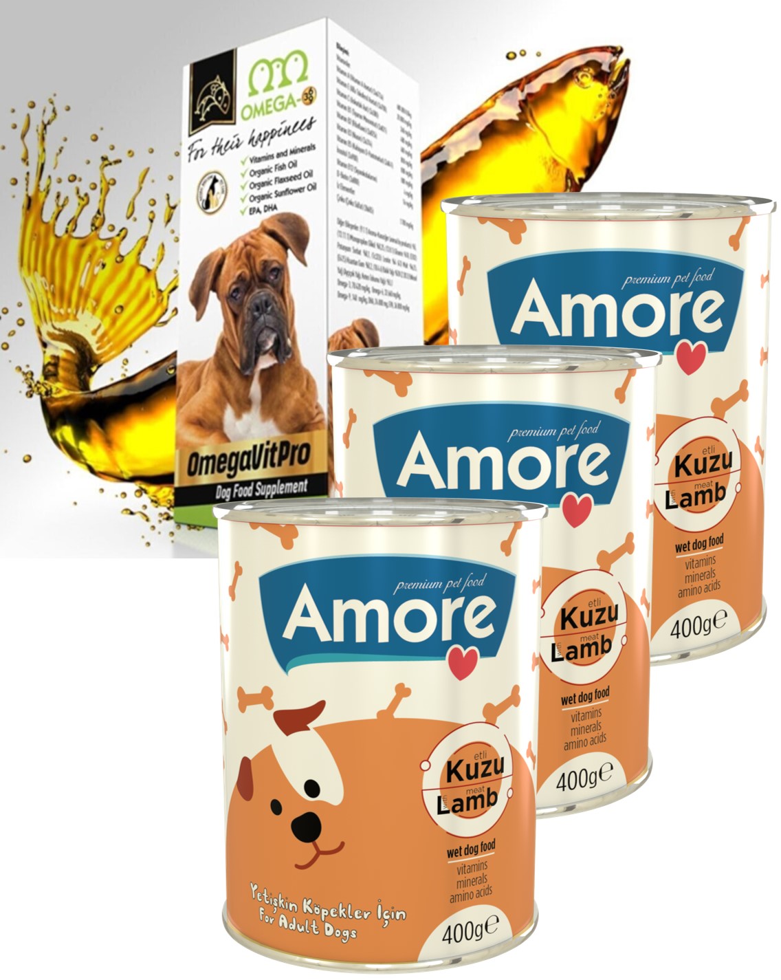 Amore Dog Lamb Kuzu Parça Etli Köpek Konservesi 3lü ve Omega Vit Pro Somon Balık Yağı