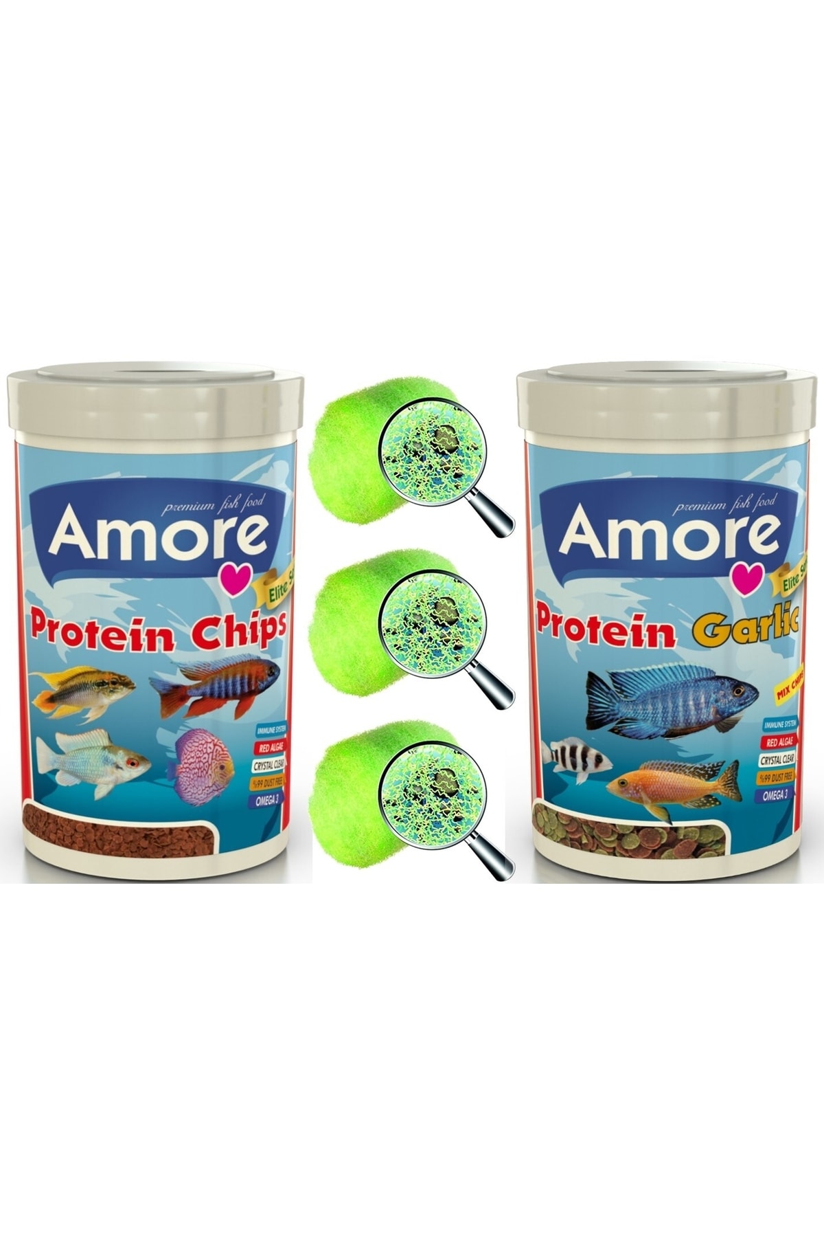 Amore AMORE Elite 50-protein Chips Red Algae, 48-protein Garlic 1000ml Balik Yemi, Crystal Clear 3-elyaf