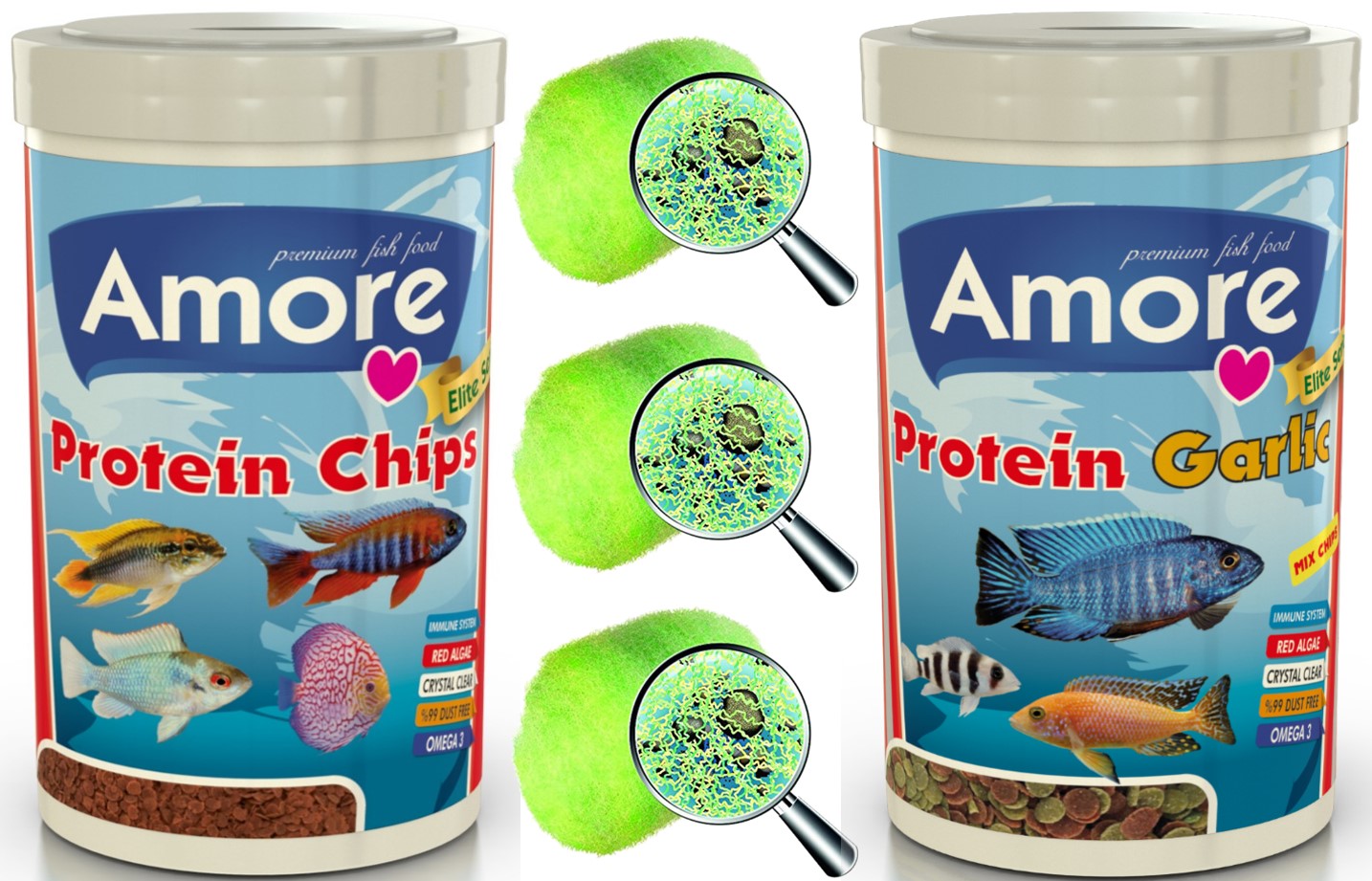 Amore Elite 50-protein Chips Red Algae, 48-protein Garlic 250ml Balık Yemi, Crystal Clear 3-elyaf