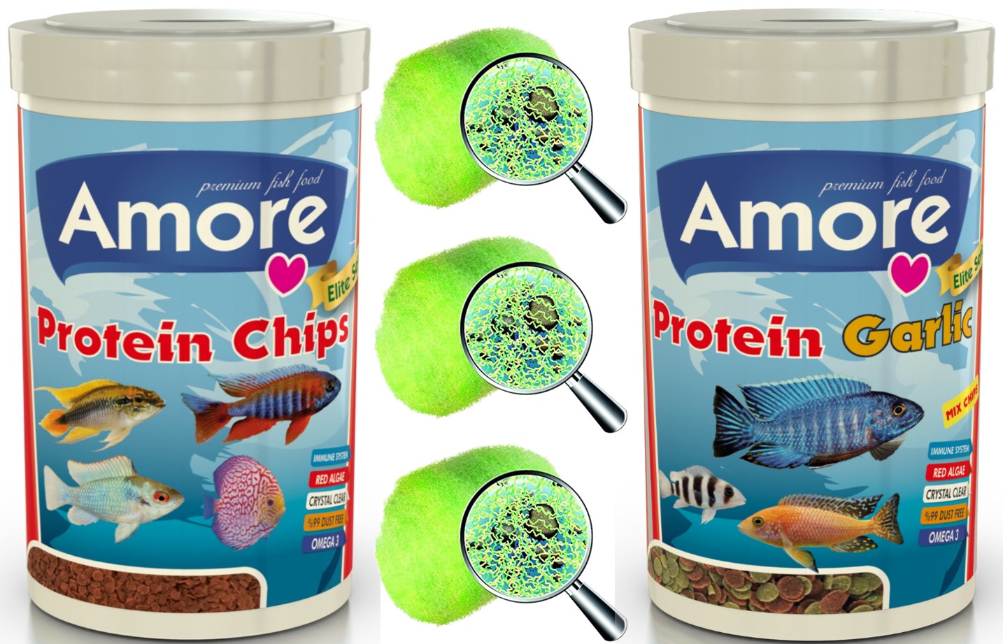 Amore Elite 50-Protein Chips Red Algae, 48-Protein Garlic 250ml Balık Yemi, Crystal Clear 3-Elyaf