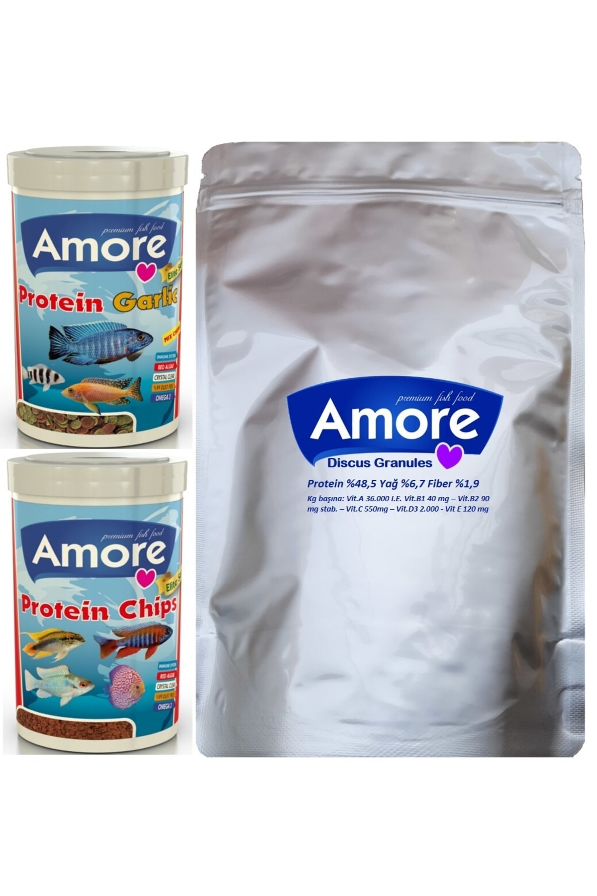 Amore Elite 50-protein Chips Red Algae, 48-protein Garlic 250ml Balik Yemi, Discus 200gr Doypack