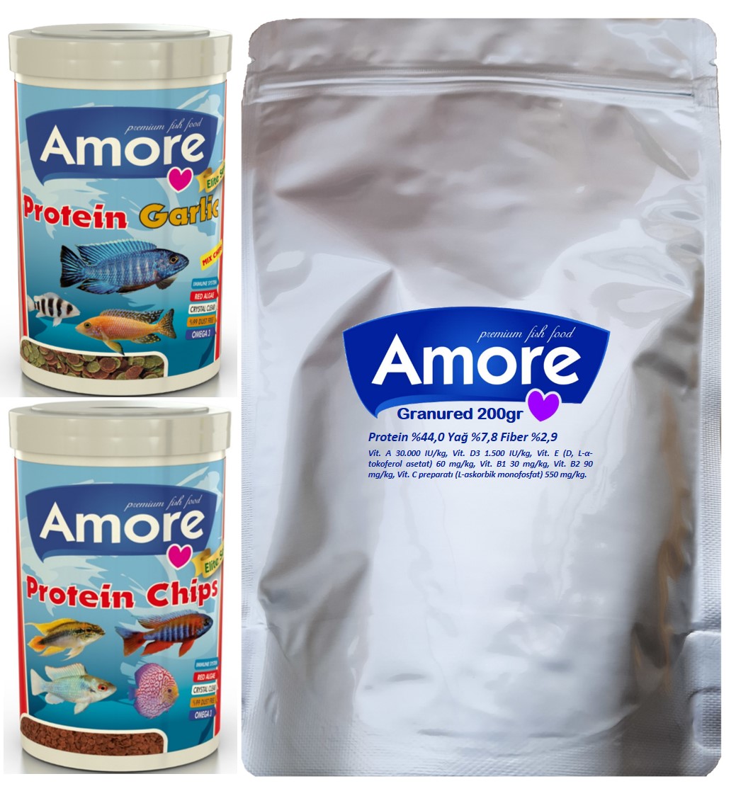 Amore Elite 50-Protein Chips Red Algae, 48-Protein Garlic 250ml Balık Yemi, Sera Granured 200gr DoyPack