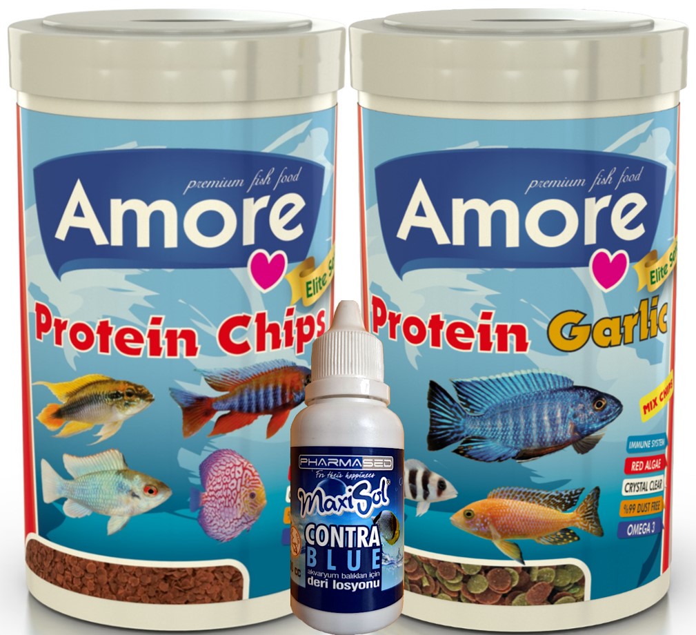Amore Elite 50-protein Red Algae Chips Ve 48-protein Garlic 250ml Malawi Balık Yemi Ve Contrablue