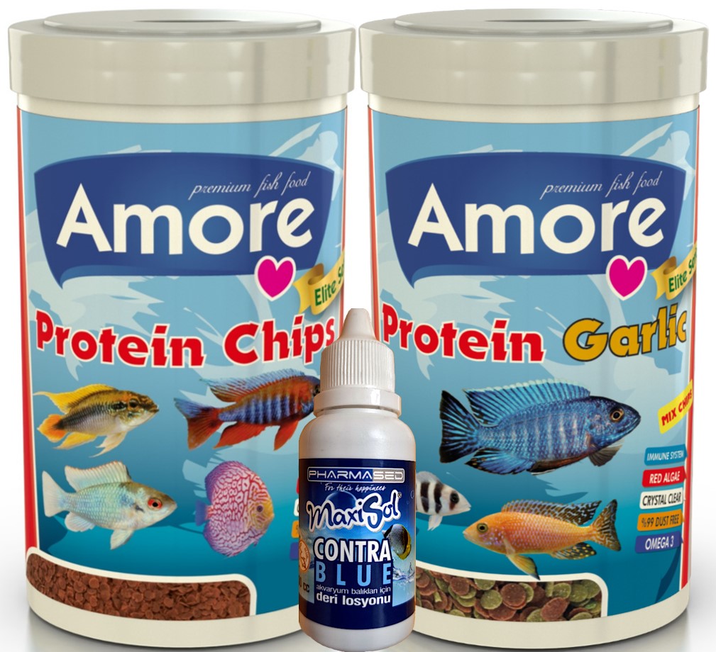 Amore Elite 50-Protein Red Algae Chips ve 48-Protein Garlic 250ml Malawi Balık Yemi ve ContraBlue