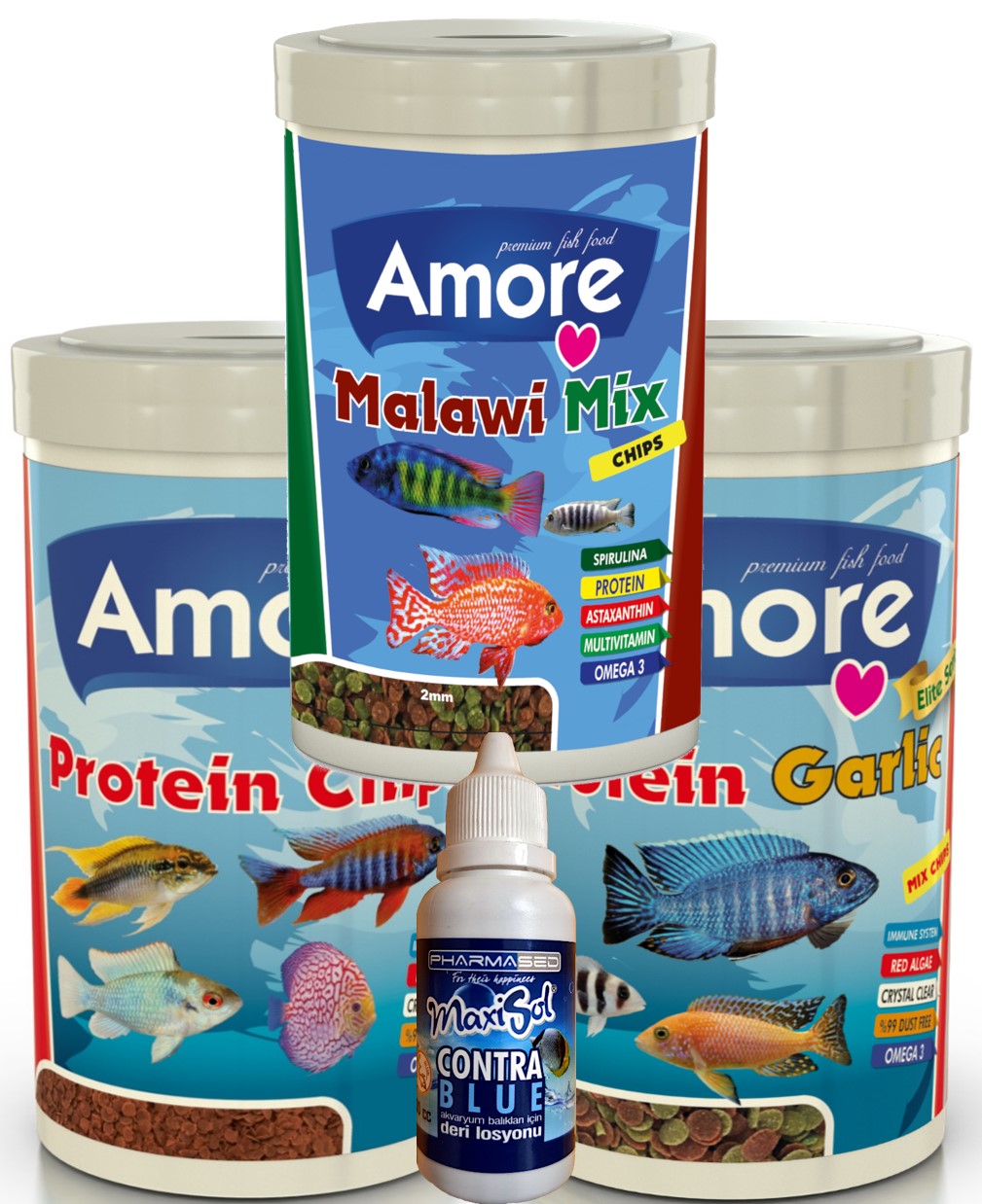 Amore Elite 50-protein Red Algae Pro Chips Ve 48-protein Garlic Chips Ve Malawi Mix 250ml Kutu Balık Yemi