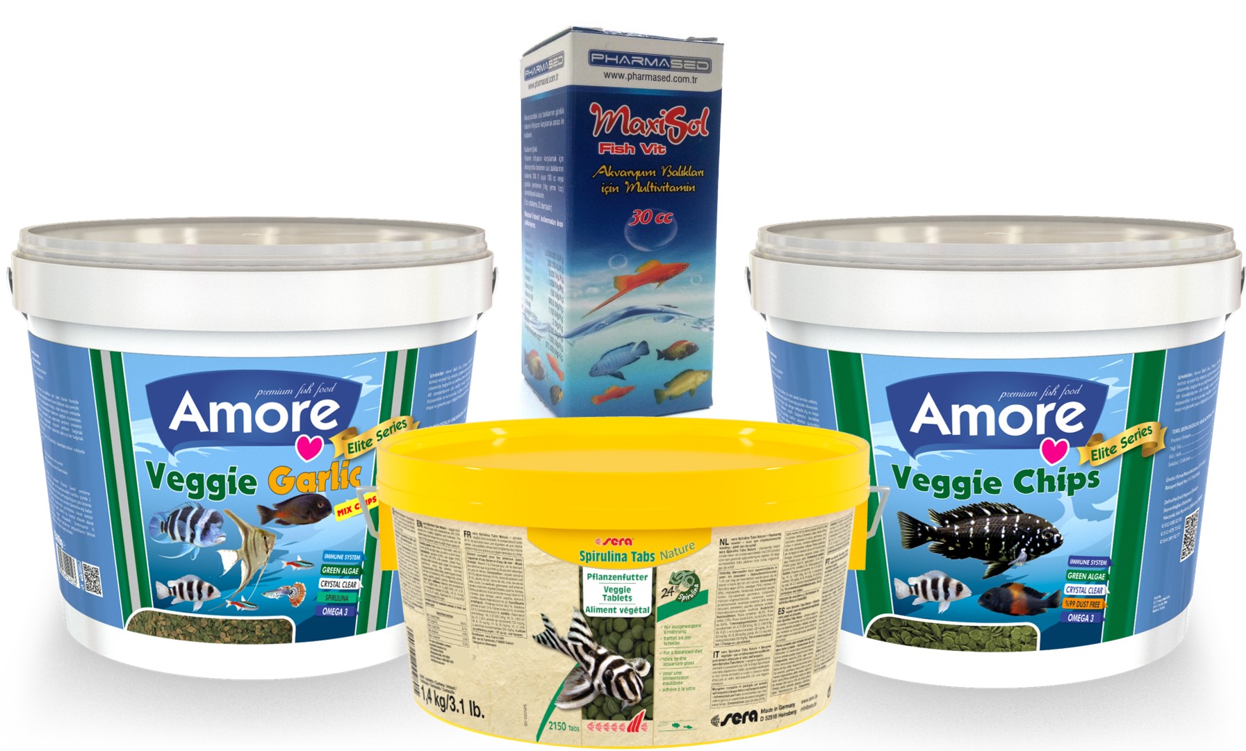 Amore Elite Pro Veggie Garlic 80g + Veggie Chips 80g + Sera Spirulina Tablet 25 + Fishvit 30cc