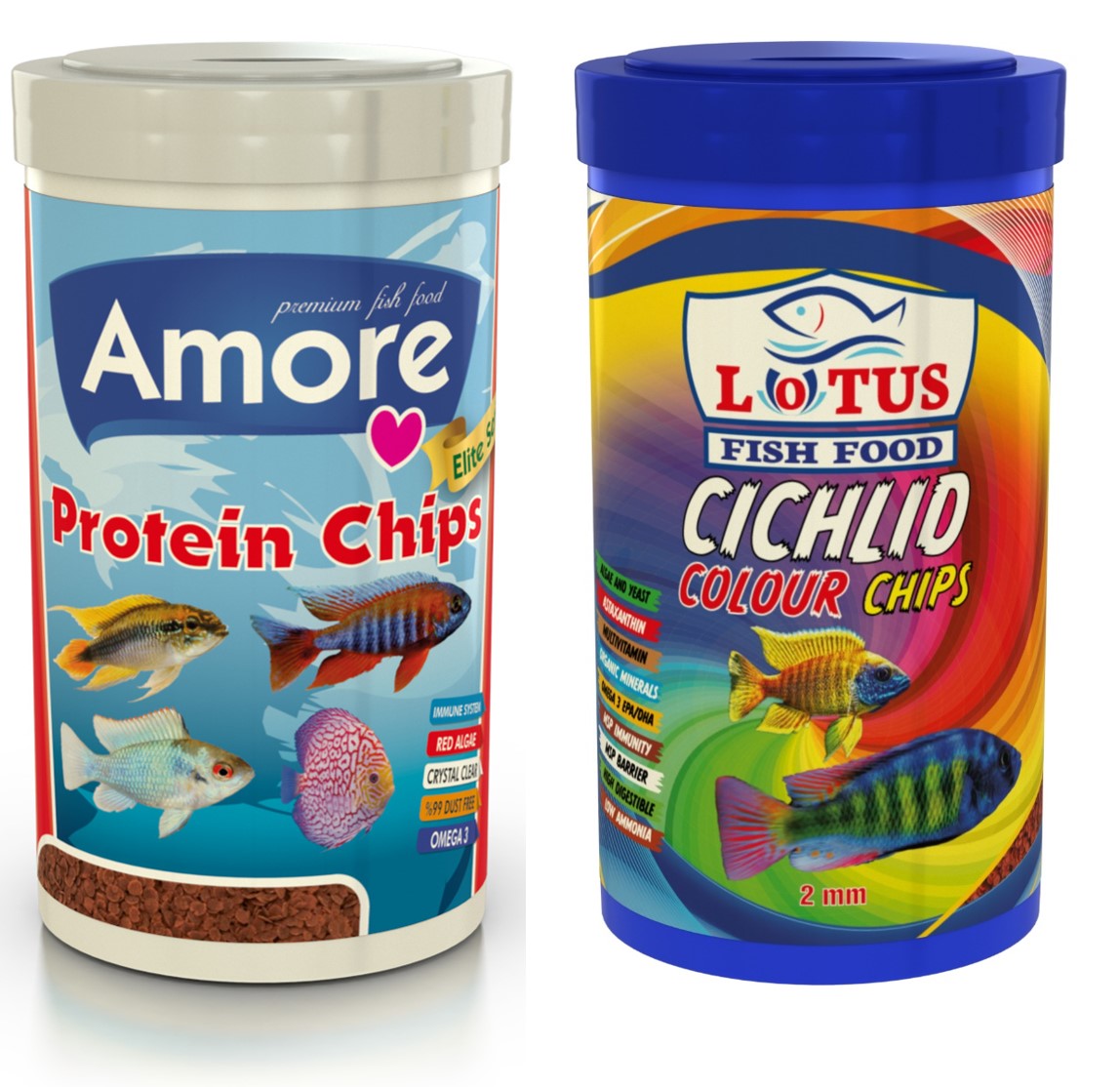 Amore Elite Protein Red Algae Pro Chips 250ml ve Lotus Cichlid Colour 250ml Renklendirme Balık Yemi