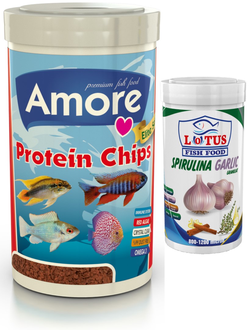 Amore Elite Protein Red Algae Pro Chips 250ml + Lotus Spirulina Garlic 100ml Malawi Balık Yemi