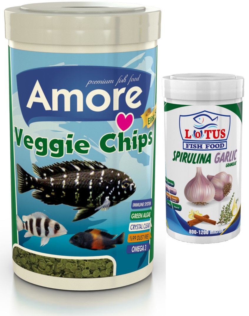 Amore Elite Veggie Green Algae Chips 250ml + Lotus Spirulina Garlic 100ml Tropikal ve Tropheus Balık Yemi