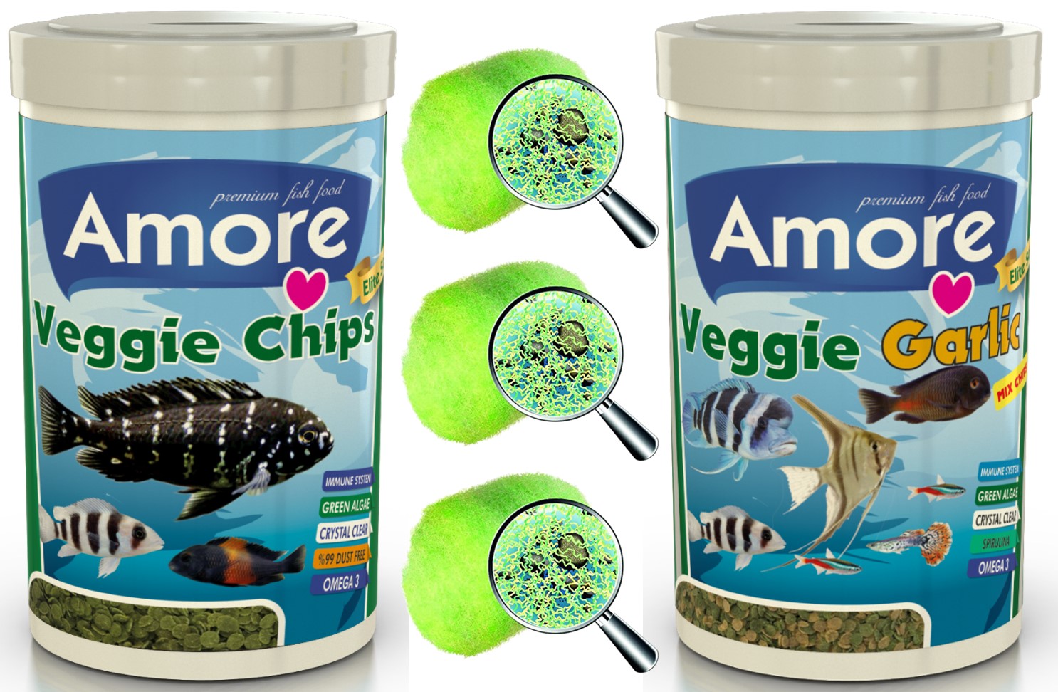 Amore Elite Veggie Green Chips, Veggie Garlic Pro 1000ml 46-Protein Balık Yemi, Crystal Clear 3-Elyaf