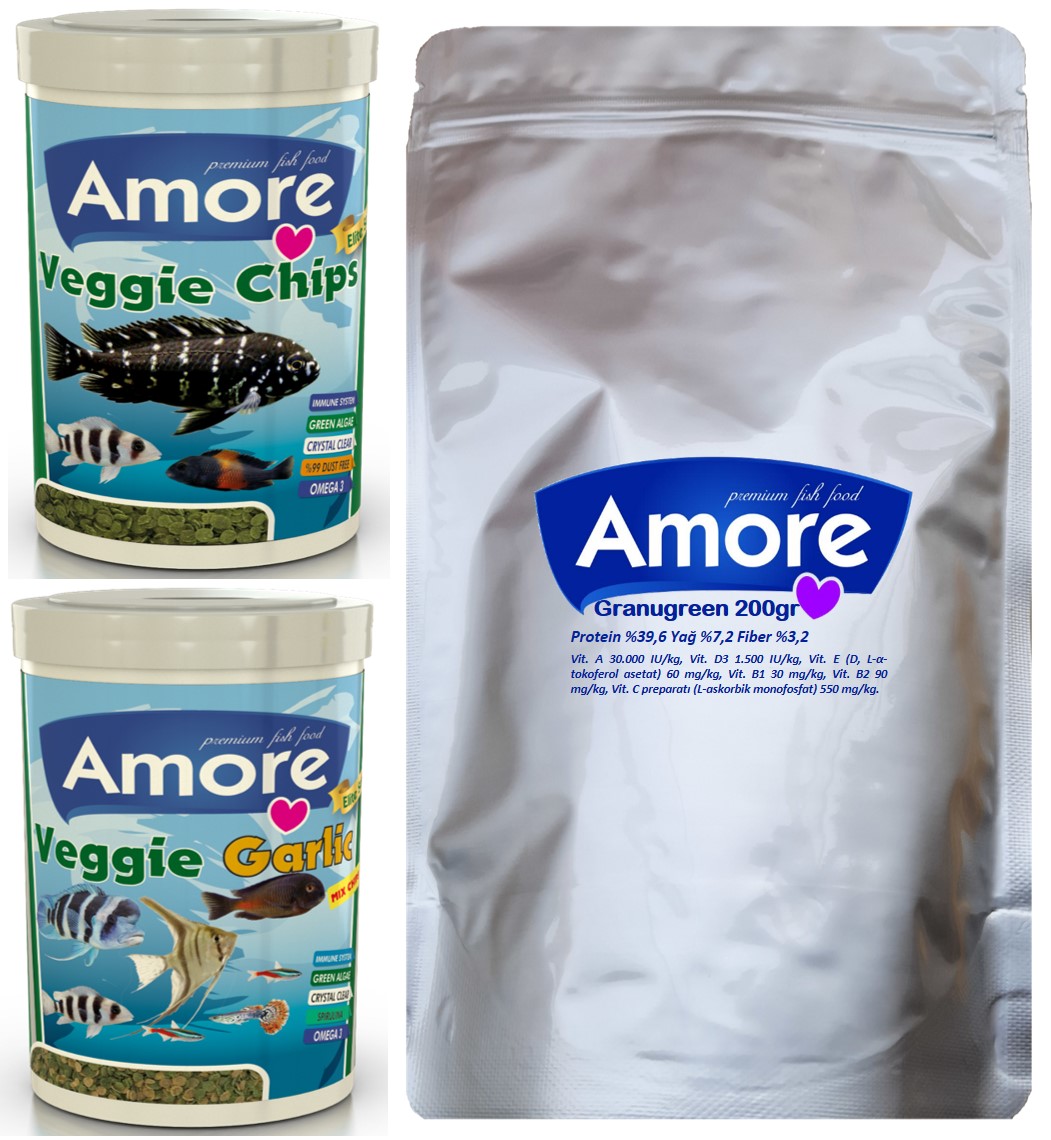 Amore Elite Veggie Green Chips, Veggie Garlic Pro 250ml 46-protein Balık Yemi, Granugreen 200gr Doypack