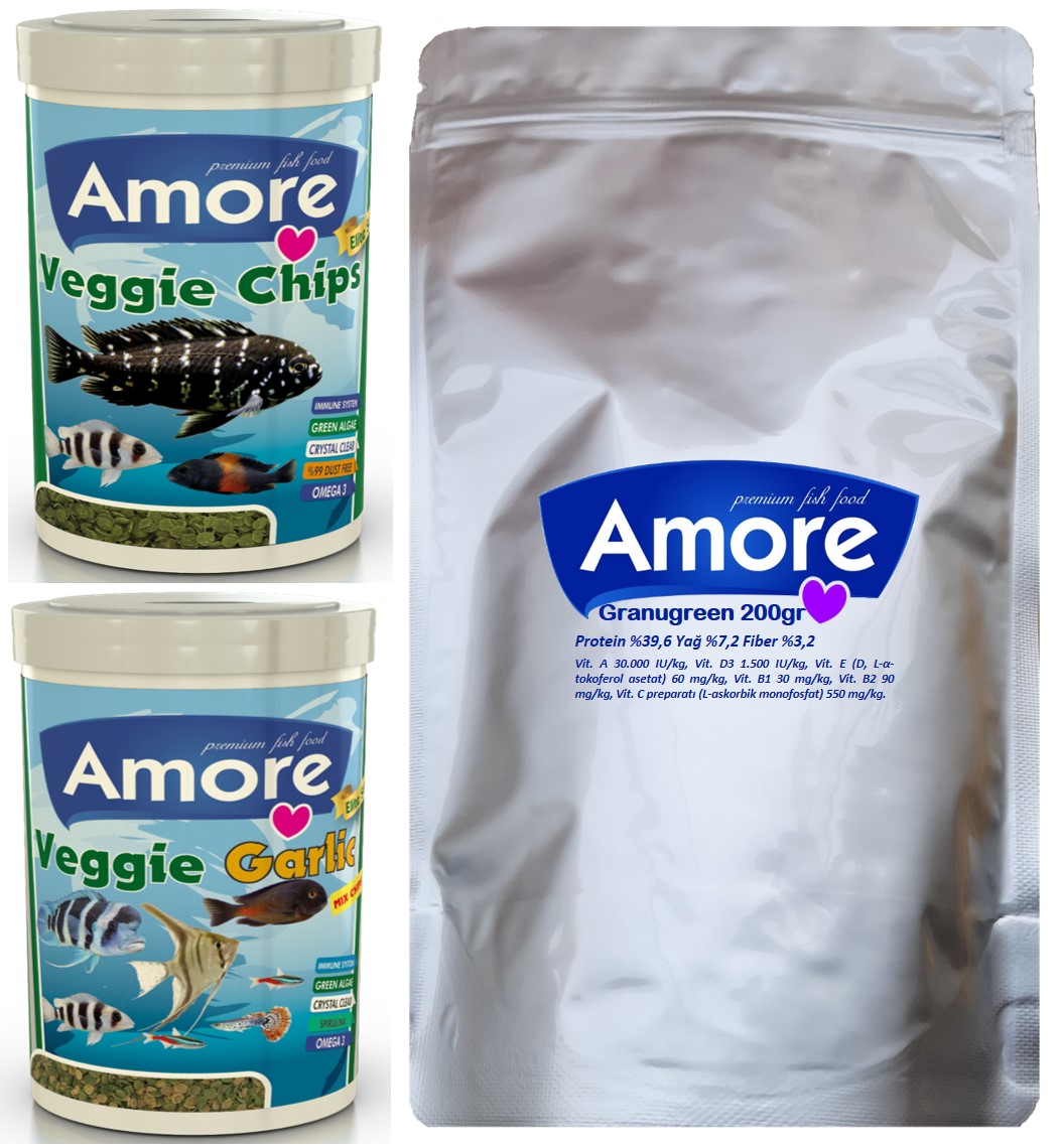 Amore Elite Veggie Green Chips, Veggie Garlic Pro 250ml 46-Protein Balık Yemi, Granugreen 200gr Doypack