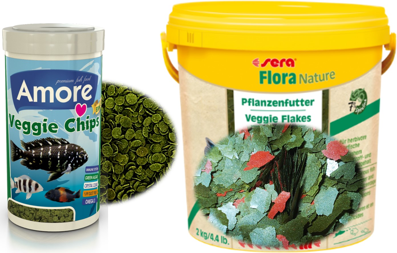 Flora 50gr ZipPack ve Amore Pro Veggie Green Algae 250ml Kutu Akvaryum Balık Yemi