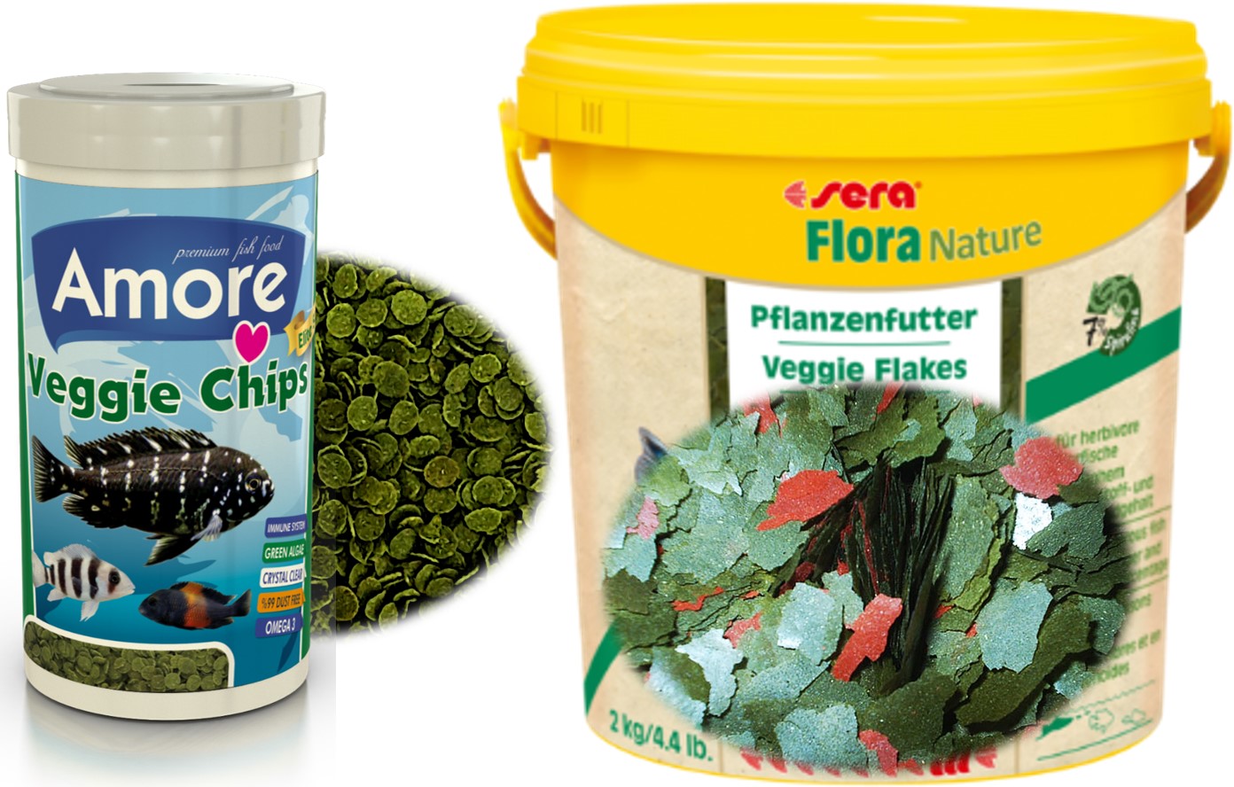 Sera Flora 50gr ZipPack ve Amore Pro Veggie Green Algae 250ml Kutu Akvaryum Balık Yemi