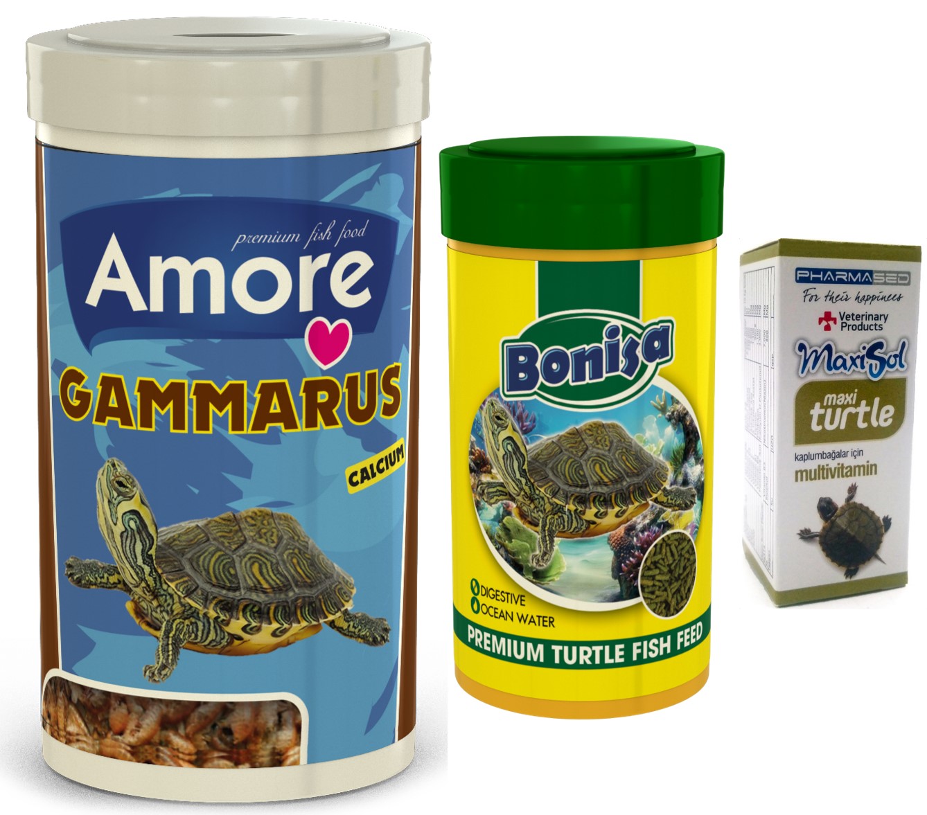 Amore Gammarus Turtle Kaplumbağa Yemi 1000ml ve 250ml Turtle Sticks Bonisa ve Multivitamin