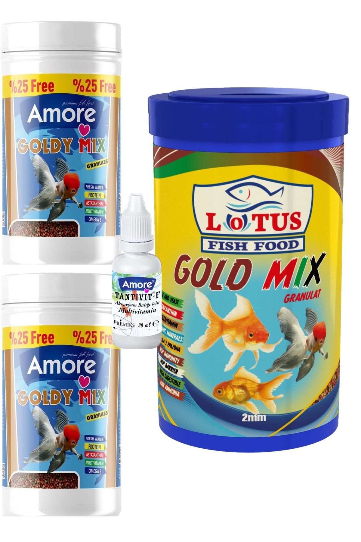 Lotus Goldfish Mix Granules 2x125ml, Lotus 1000ml Mix Gold Granül Japon Balığı Yemi, Multivitamin
