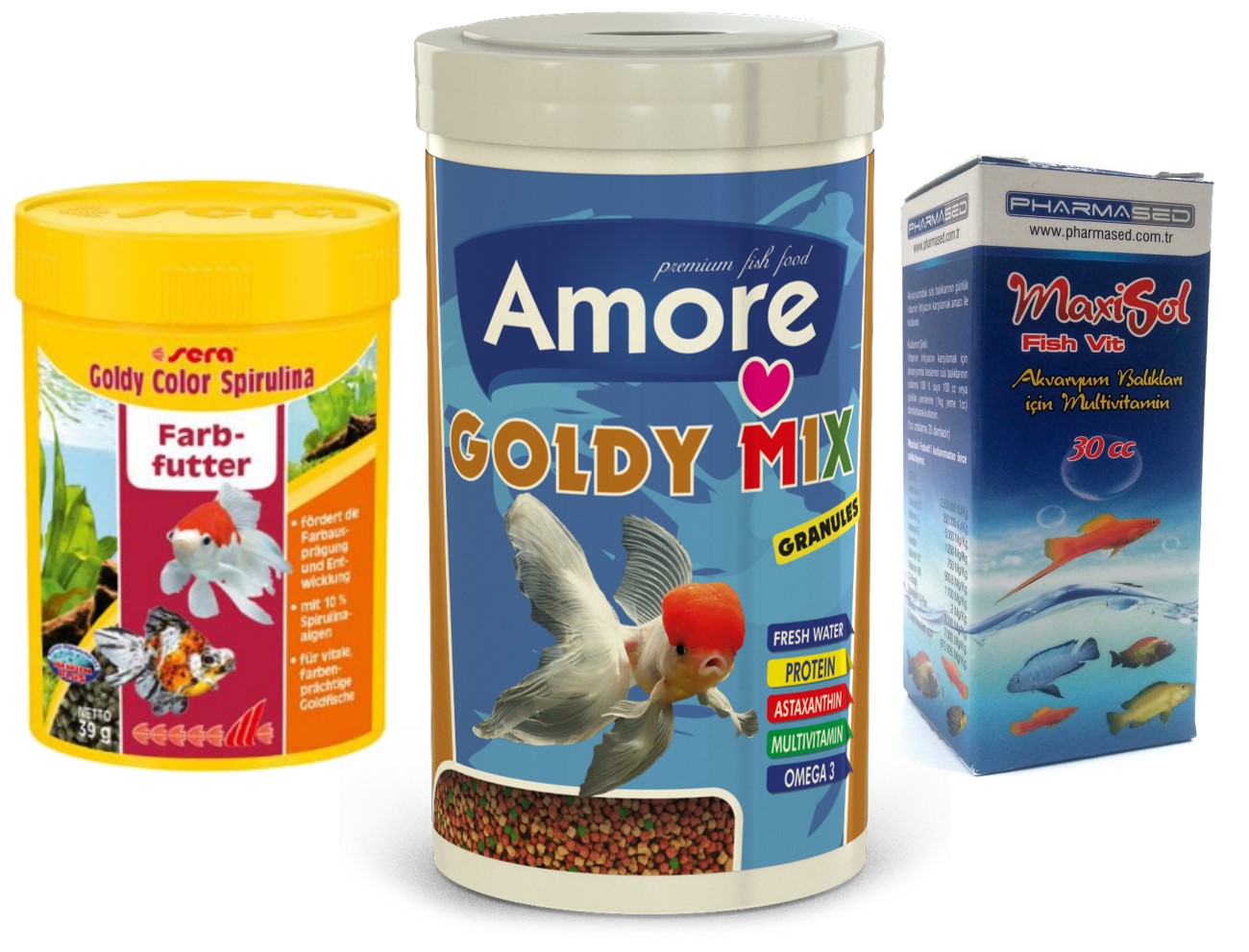 Amore Goldy Mix 1000ml ve Goldy Color Spirulina 100ml Japon Balığı Yemi ve Vitamin