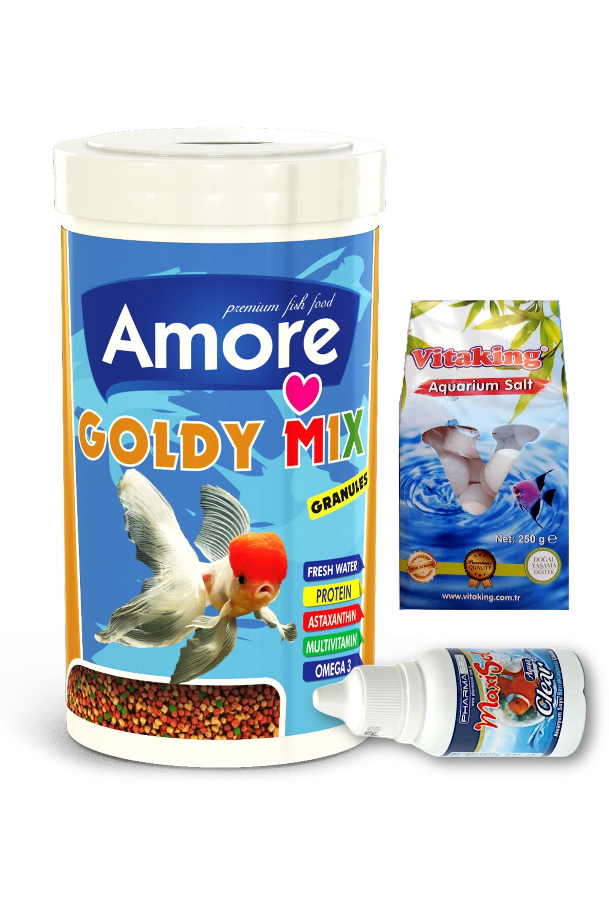 Amore Goldy Mix Granul 1000 ml Kutu Japon Balik Yemi, Clear Akvaryum Berraklastirici, Kaya Tuzu