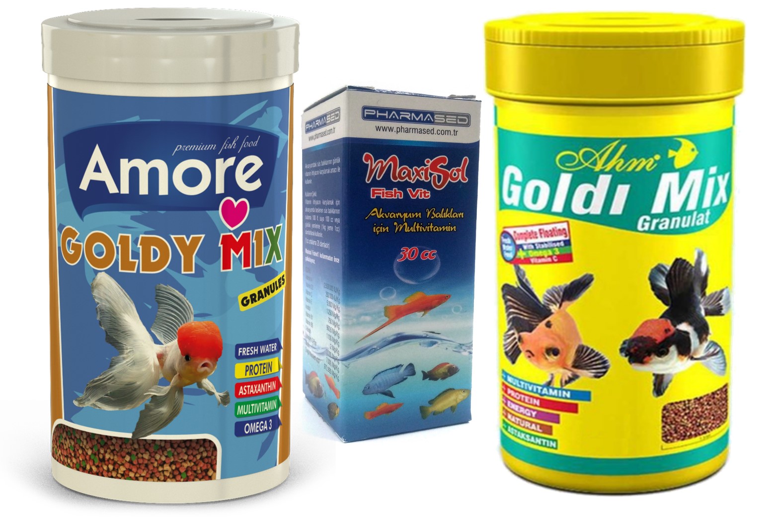 Amore Goldy Mix Granules 1000ml ve Ahm Goldi Mix 1000ml Japon Balık Yemi ve Vitamin Seti