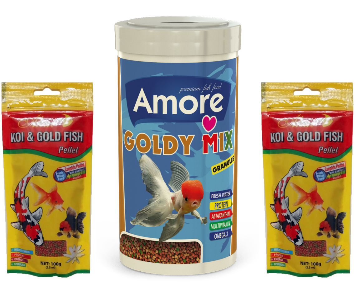 Amore Goldy Mix Granules 1000ml Bağışıklık Desteği Japon Balık Yemi ve AHM Koi Goldfish Pellet 2x100g