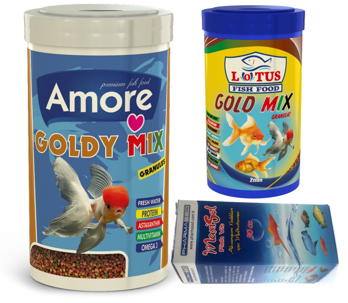 Amore Goldy Mix Granules 1000ml + Lotus Gold Mix 250ml Japon Balık Yemi + Fishvit Vitamin