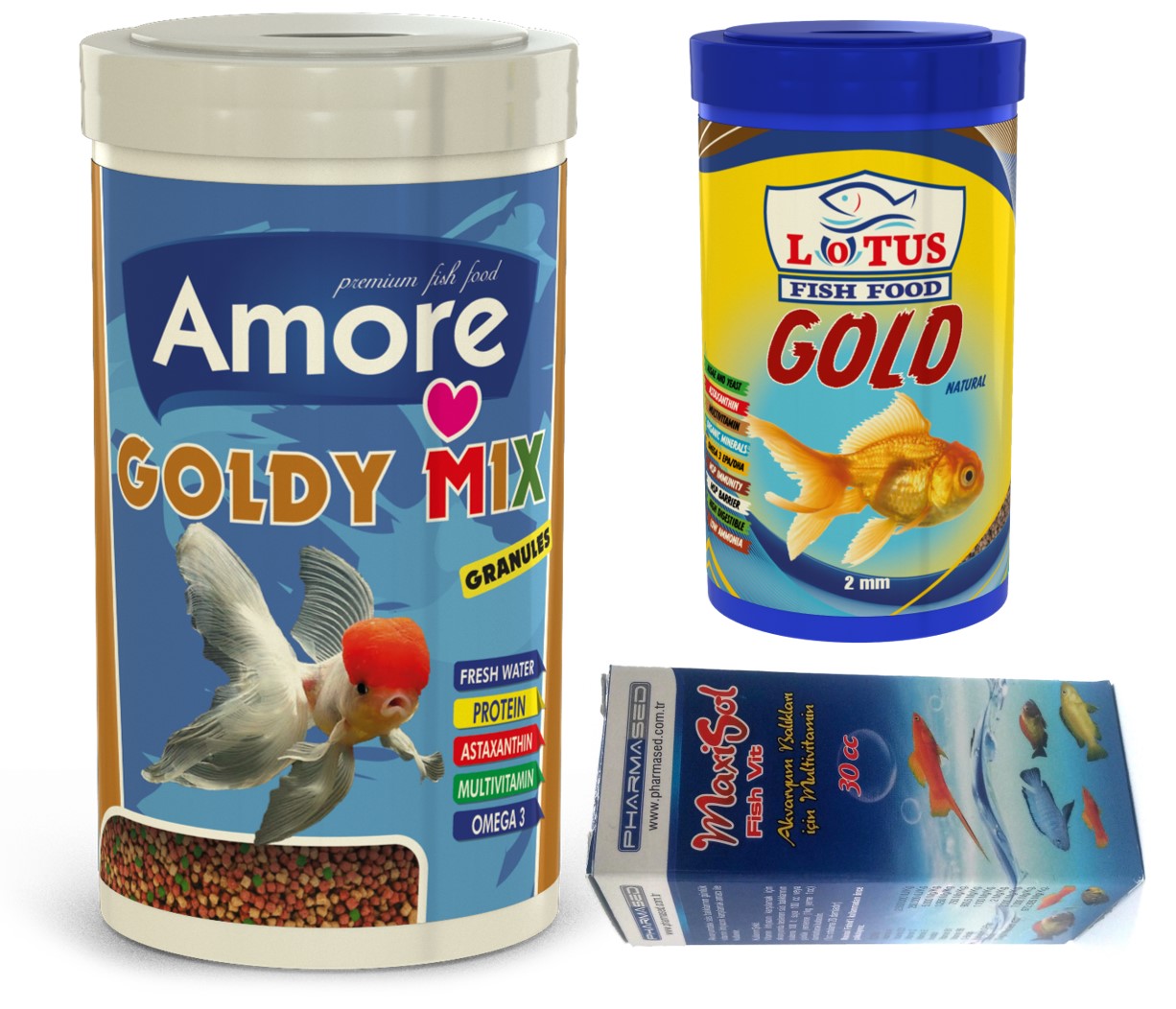 Amore Goldy Mix Granules 1000ml + Lotus Gold Natural 250ml Japon Balık Yemi + Fishvit Vitamin