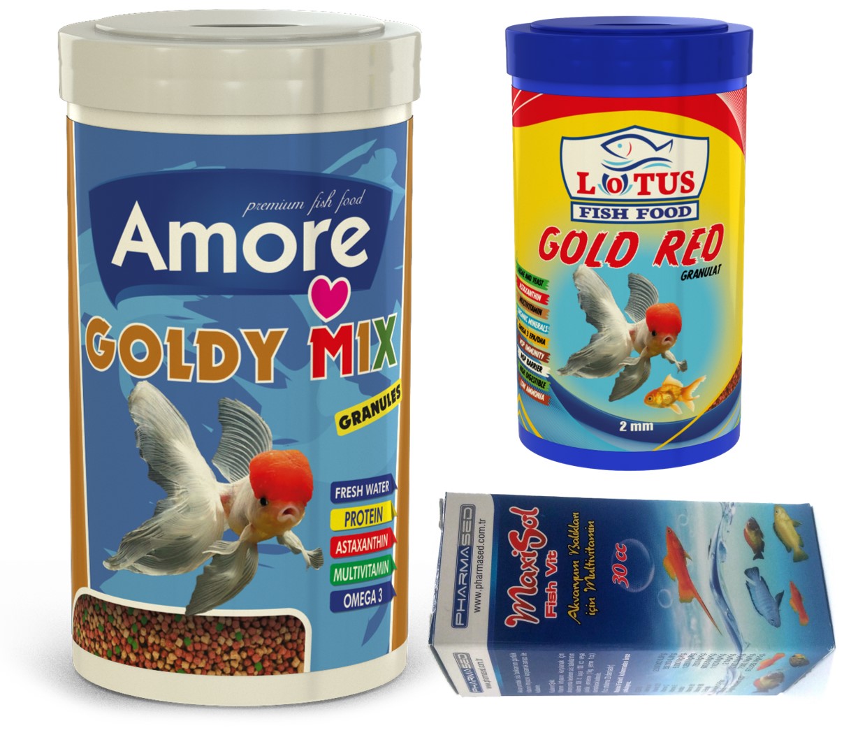 Amore Goldy Mix Granules 1000ml + Lotus Gold Red 250ml Japon Balık Yemi + Fishvit Vitamin