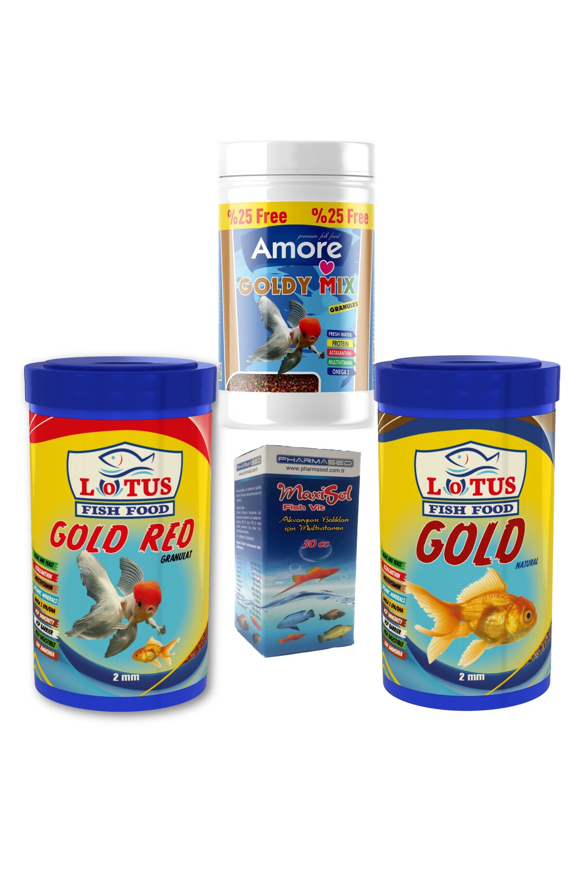 Amore Goldy Mix Granules 125 Ml, Lotus Gold Red Ve Natural 250 Ml Japon Baligi Yemi, Vitamin Seti