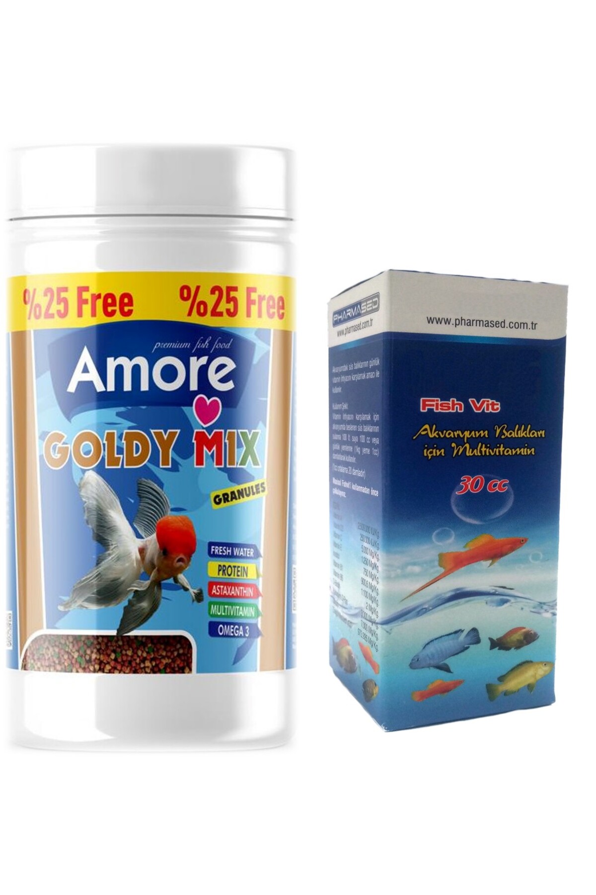 Amore Goldy Mix Granules 125 ml, Lotus Gold Red ve Natural 250 ml Japon Baligi Yemi, Vitamin Seti