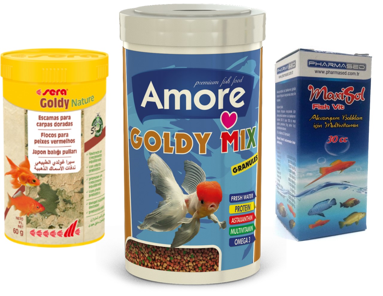 Amore Goldy Mix Granules 250ml ve Sera Goldy Nature 100ml Kutu Japon Balığı Yemi ve Vitamin