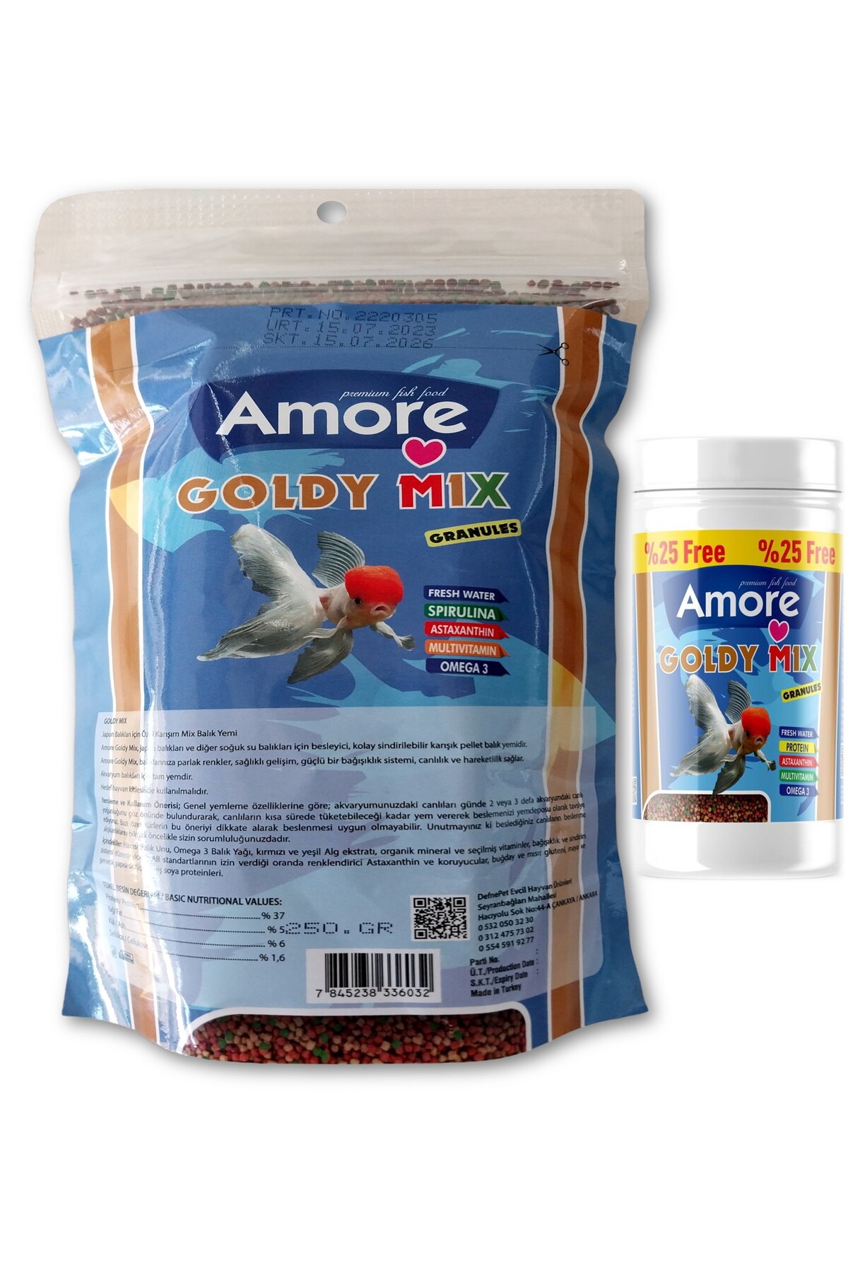 Amore Goldy Mix %37 Yuksek Protein 250 gr Easy-Fill-Pack ve 125 ml Granul Japon Balik Yemi