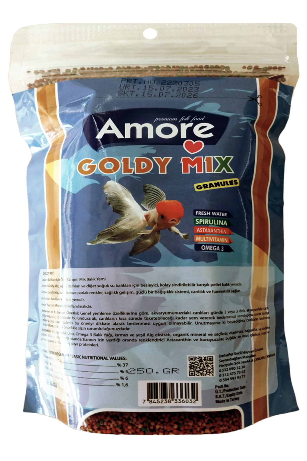 Amore Goldy Mix %37 Yuksek Protein 250 gr Easy-Fill-Pack ve 125 ml Granul Japon Balik Yemi