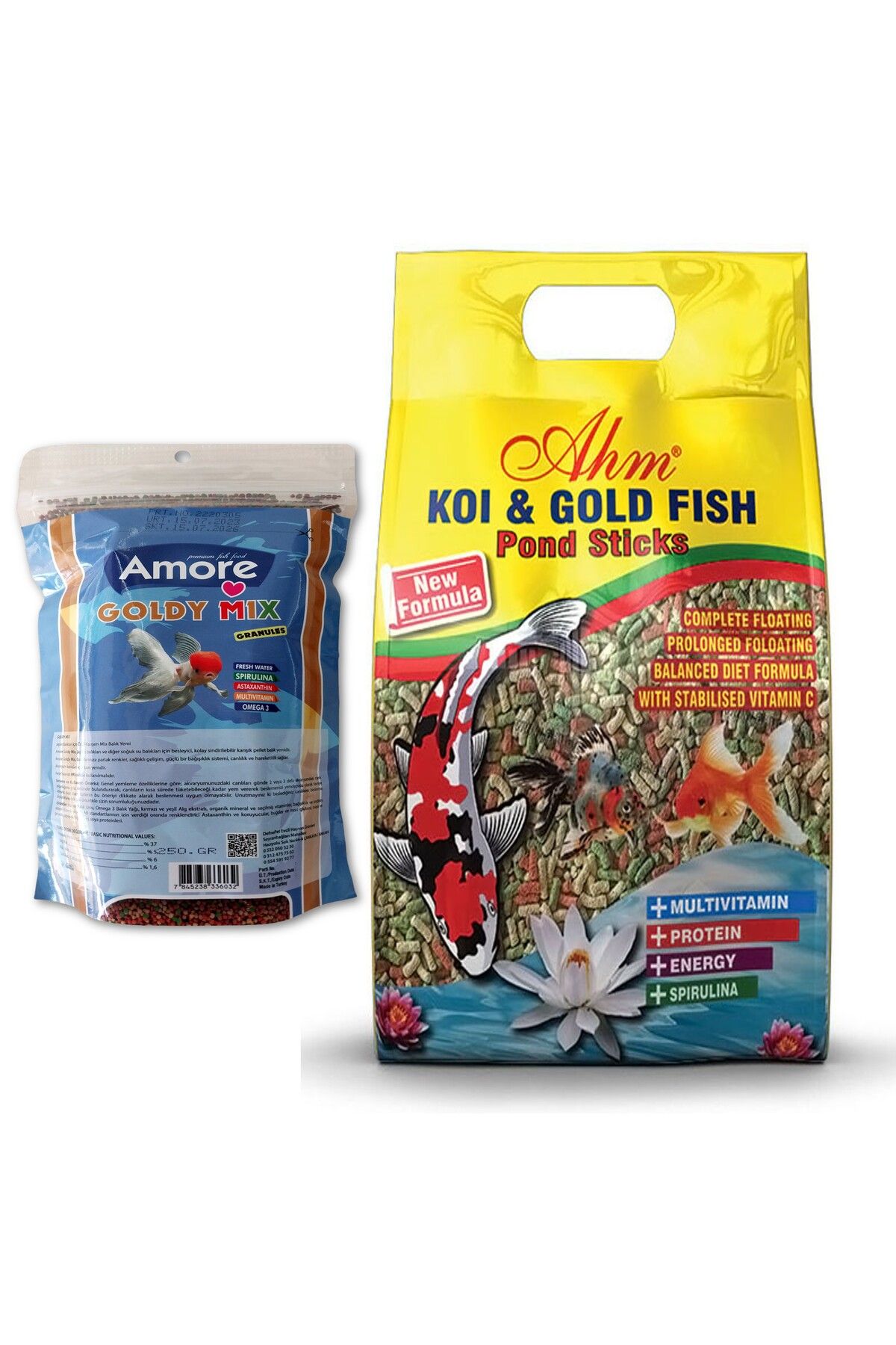 Amore Goldy Mix %37 Protein 250 gr Kajero Japon Yemi ve 1 kg AHM Mix Pond Sticks Poset Balik Yemi