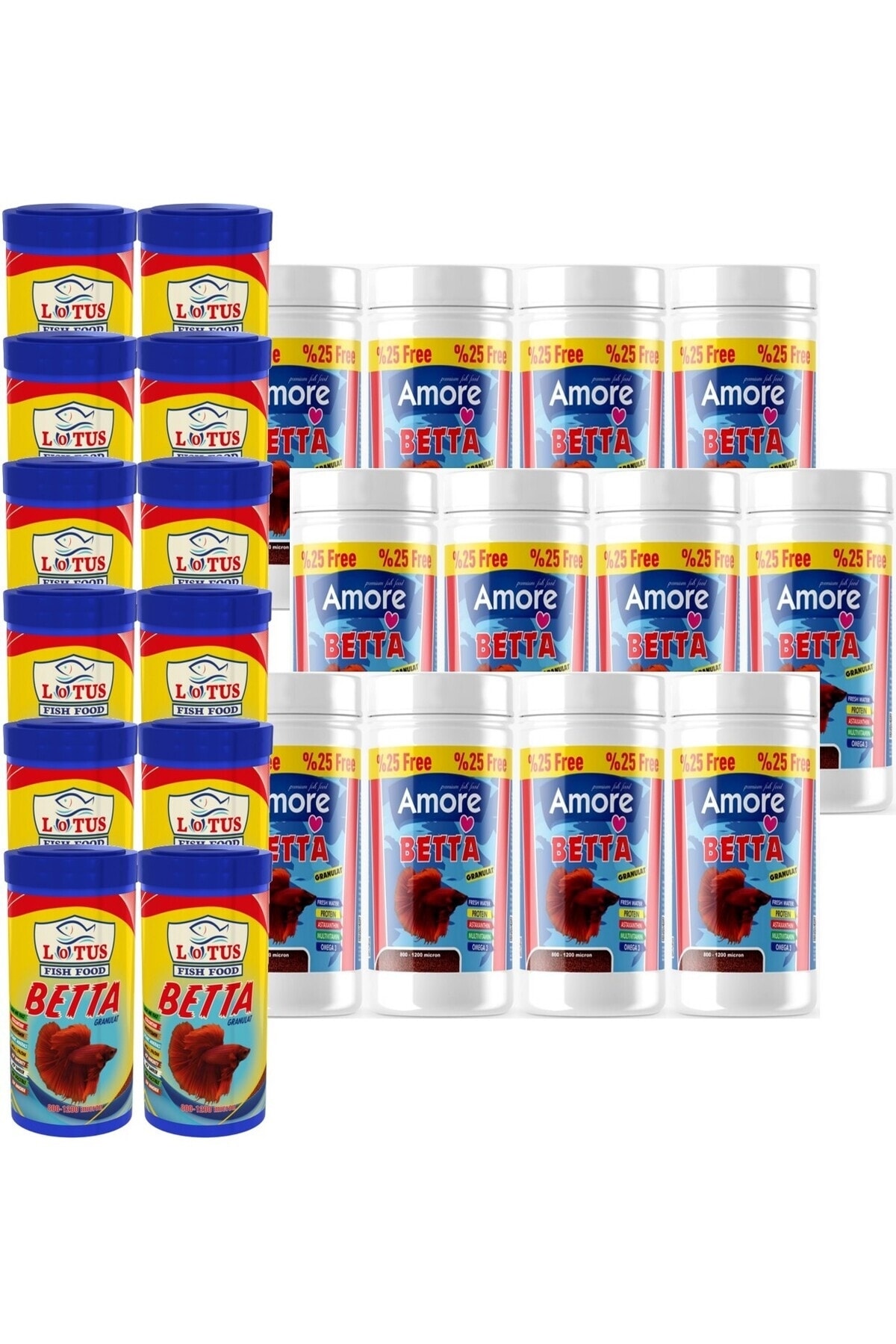 Amore Granul Beta Baligi Yemi 12 x 125 ml ve 12 x 100 ml Lotus Betta Balik Yemi Toptan