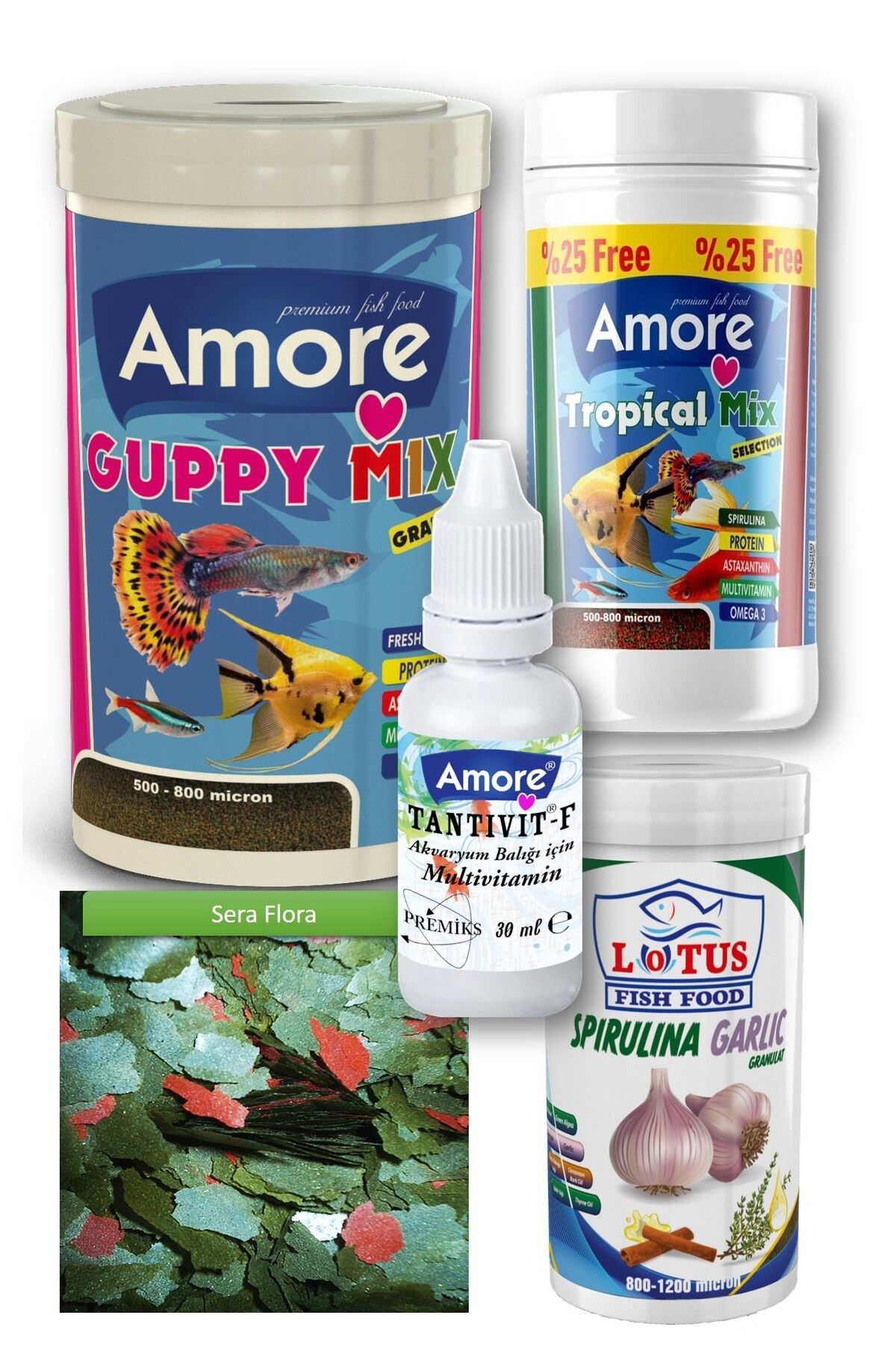 Guppy Fish 250 ml Lepistes Balığı Granül Yemi, Tropikal 125 ml, Spirulina Garlic, Flora 30 gr Pul