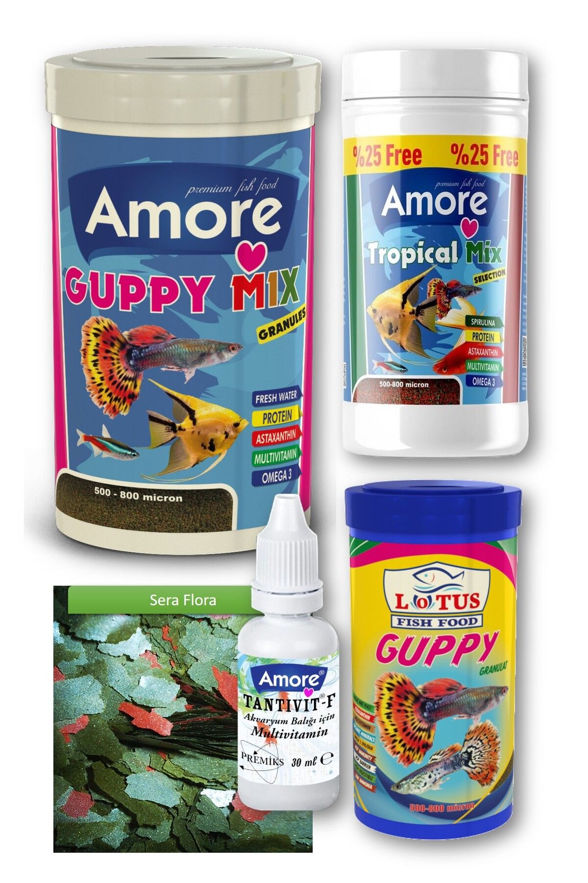 Guppy Fish Food 250 ml, 100 ml Lepistes Balığı Granül Yemi, Tropikal 125 ml, Flora 30 gr Pul, Vit