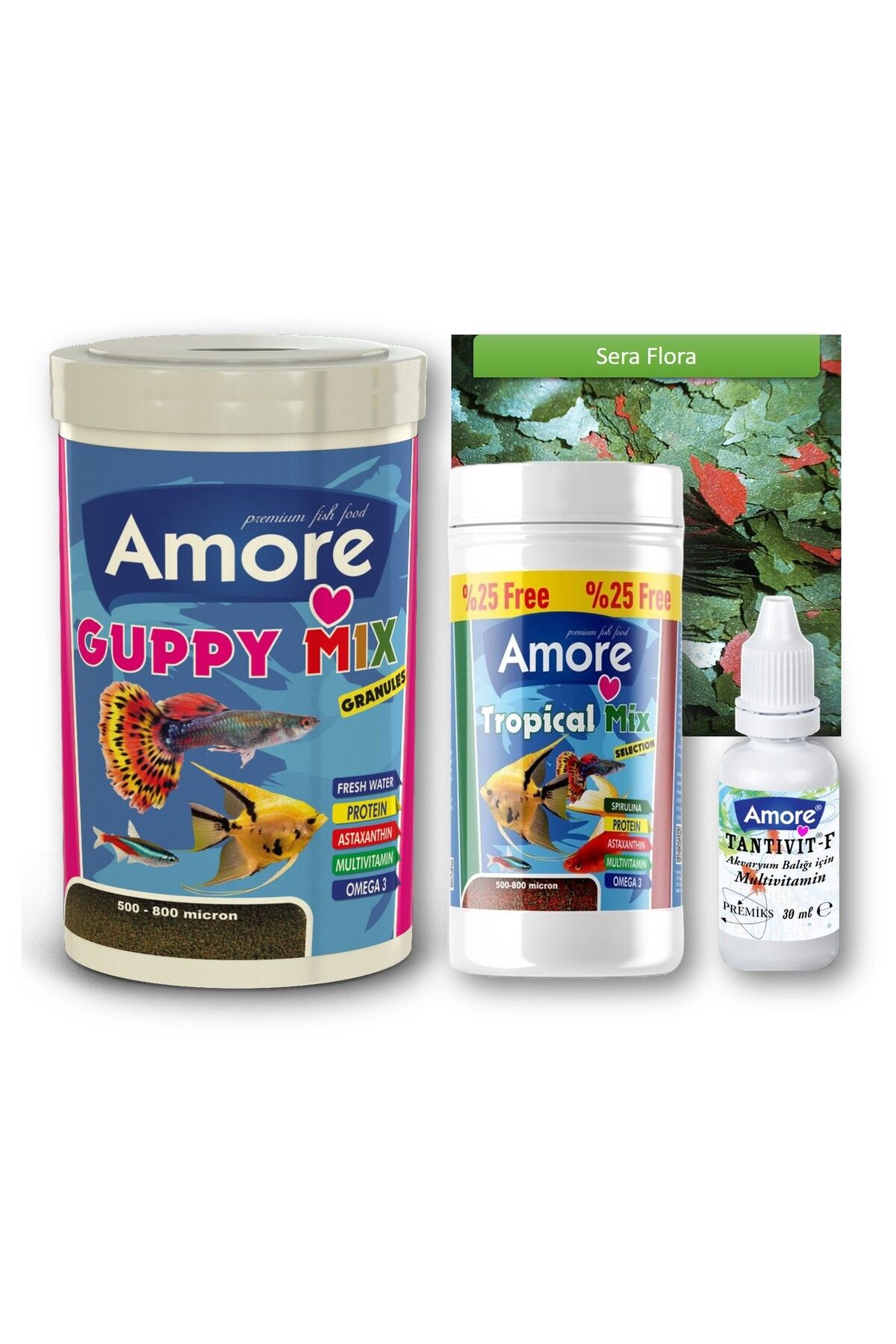 Guppy Fish Food 250 ml Lepistes Balığı Granül Yemi, Tropikal 125 ml, Flora 30 gr Pul, Multivitamin