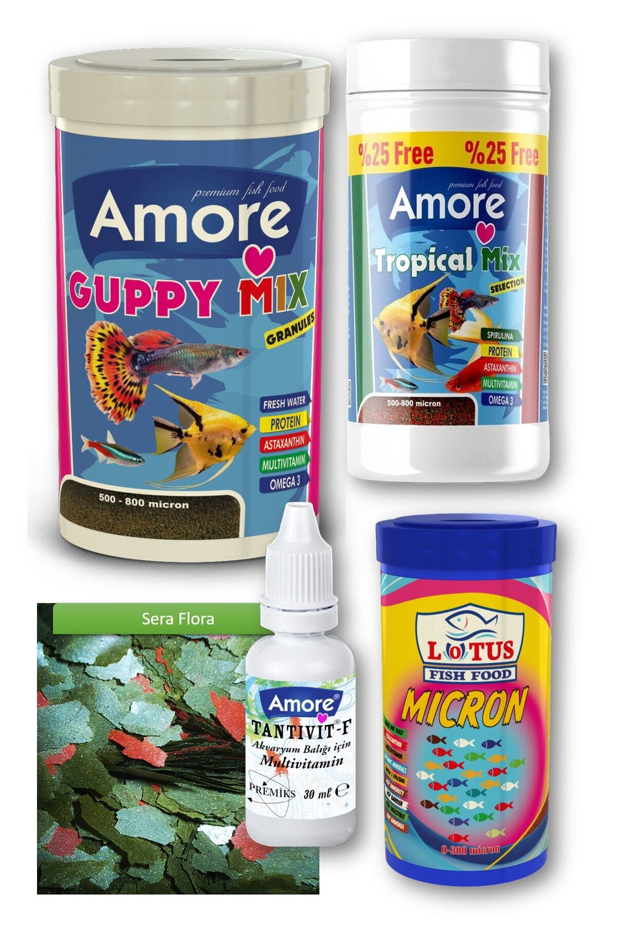 Guppy Fish Food 250 ml Lepistes Baligi Granul Yemi, Tropikal 125, Yavru 100 ml, Flora 30 gr Pul, Vit