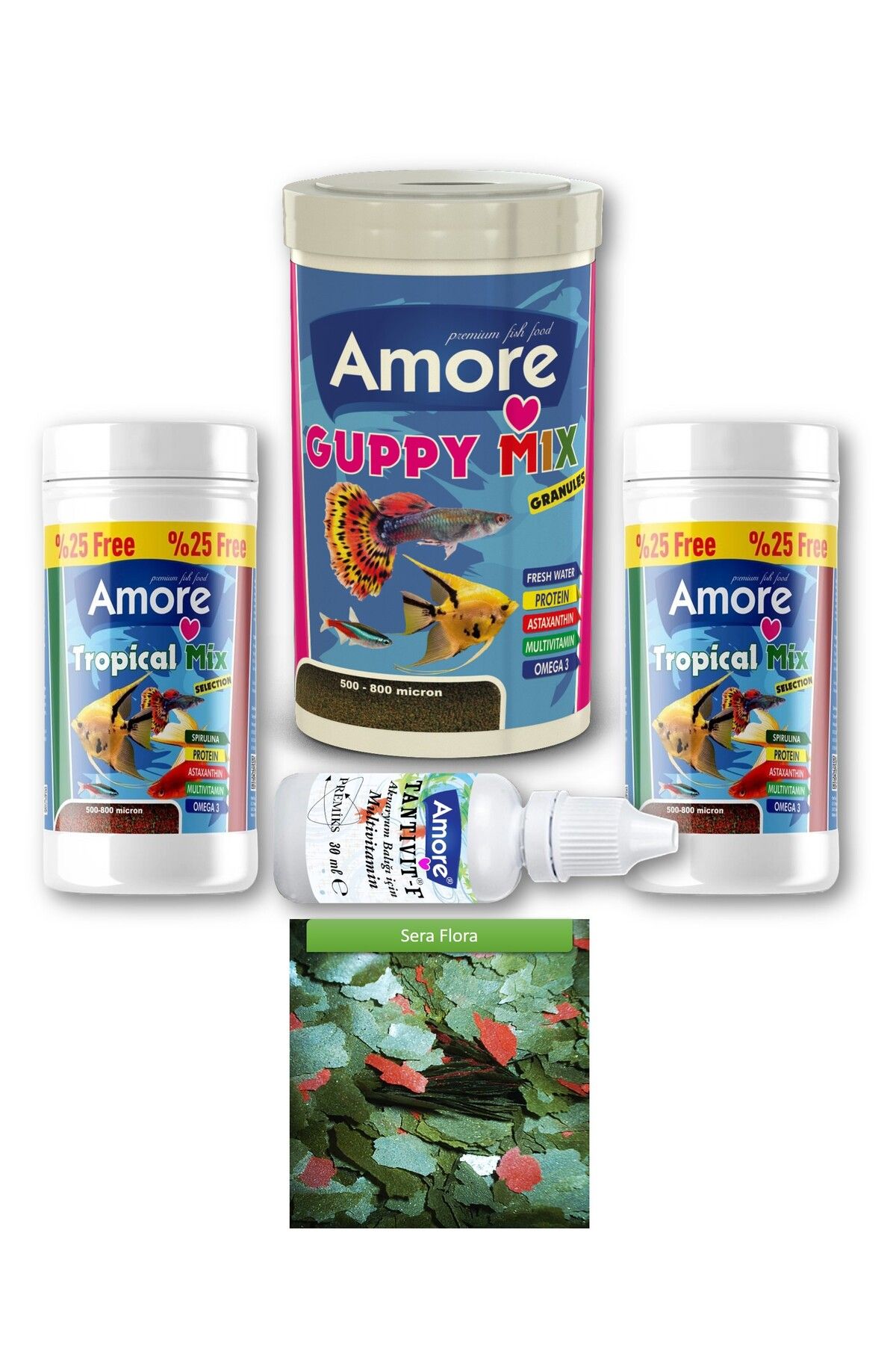 Guppy Fish Food 250 ml Lepistes Balığı Granül Yemi, Tropikal 2x125 ml, Sera Flora 30 gr Pul, Vitamin