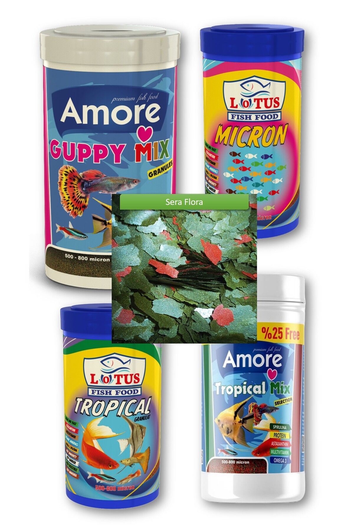 Guppy Fish Food 250 ml Lepistes Balığı Yemi, Tropikal 125-100 ml, Sera Flora 30 gr Pul, Yavru 100 ml